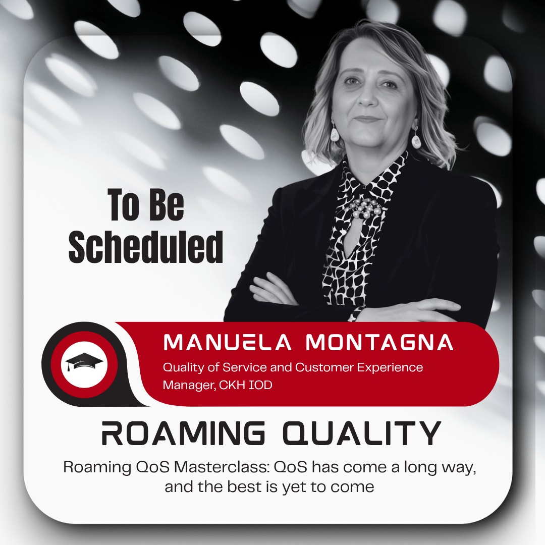 Black and white photo of a woman with short hair wearing earrings, a patterned shirt, and a blazer, standing with crossed arms against a background with circular light patterns, overlaid with text about a masterclass on roaming quality scheduled for Wednesday, April 22, featuring Manuela Montagna.