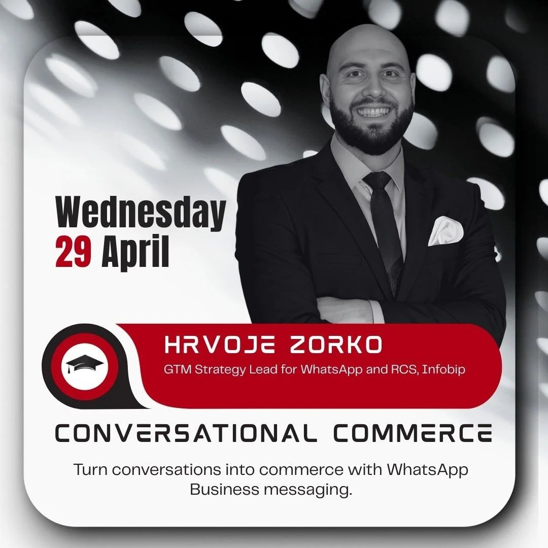 A promotional graphic featuring a man in a suit with a beard, smiling with arms crossed, on a background with black and white circular patterns. The text shows the date Wednesday, March 18, and introduces Hrvje Zorko as the GTM Strategy Lead for WhatsApp and RCS, Infobip. The graphic promotes conversational commerce and turning conversations into commerce with WhatsApp Business messaging.