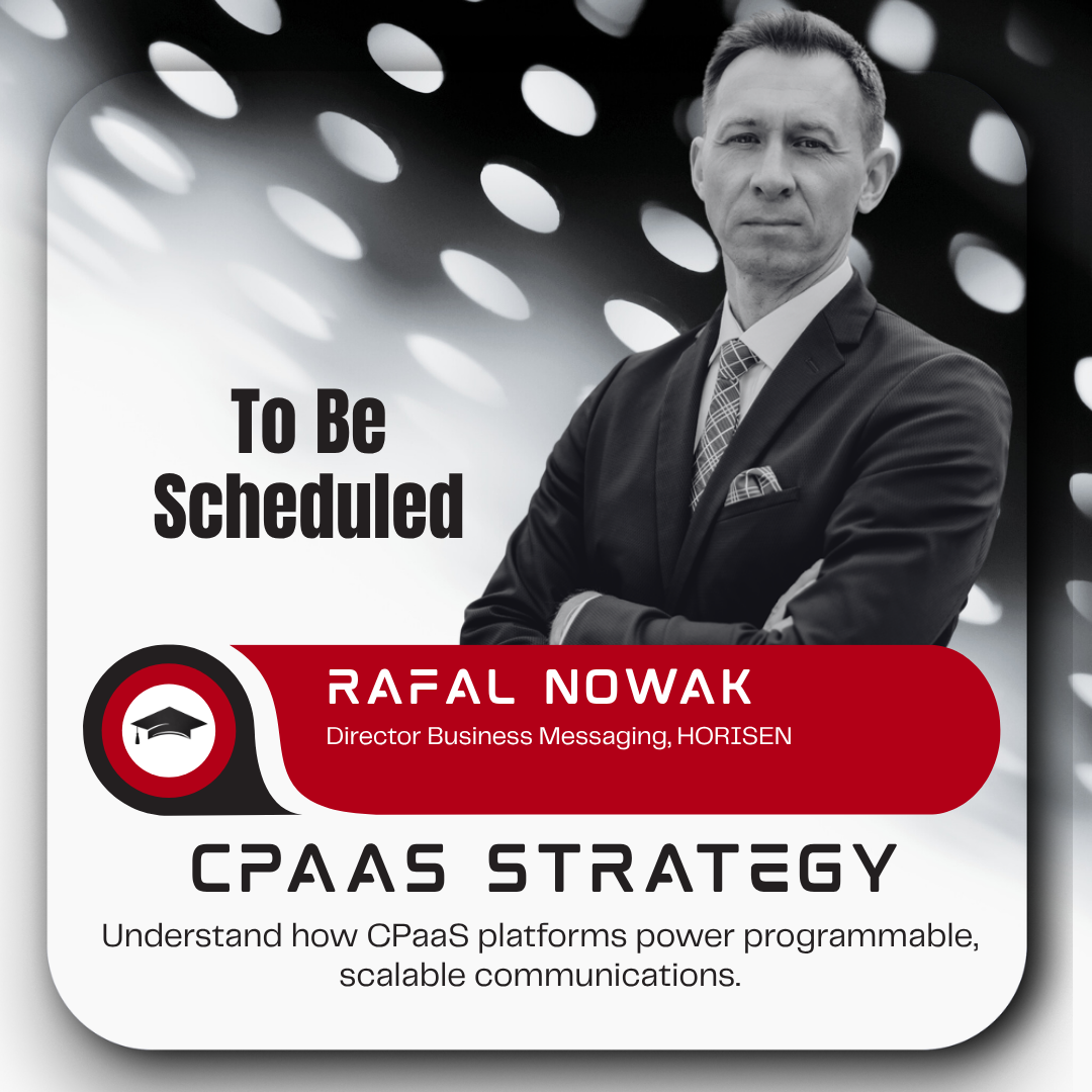 A promotional graphic for a presentation featuring a black and white photo of a man in a suit with crossed arms in front of a modern, perforated background. The text indicates the event is on Wednesday, June 24, and features Rafal Nowak, Director of Business Messaging at HORISEN, discussing CPaaS strategy, focusing on scalable communication platforms.