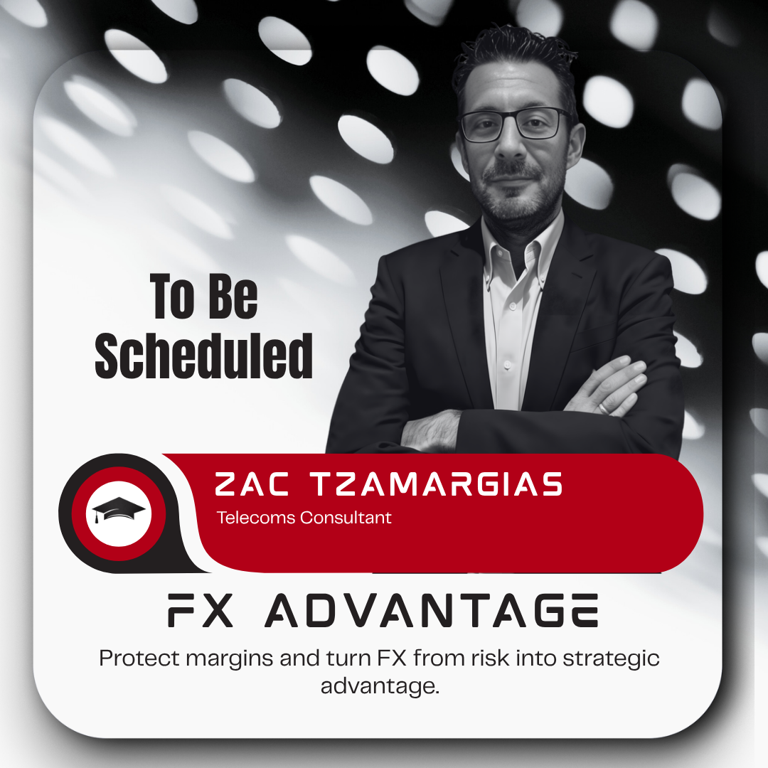 Promotional graphic featuring a man in a suit with glasses, cross arms, and a serious expression, with text about an event or seminar on July 8th, discussing FX advantages, hosted by Zaharias Tzamargias, a Telecoms Consultant.