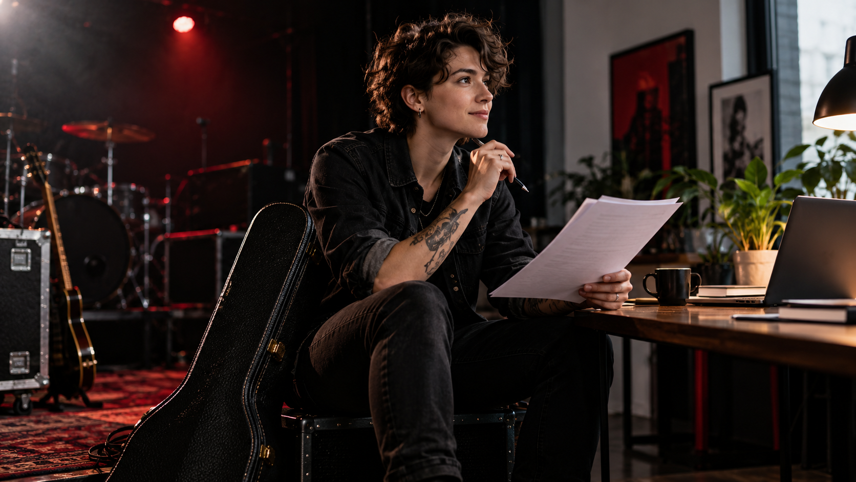 Musician reviewing interview notes beside a guitar and drum kit