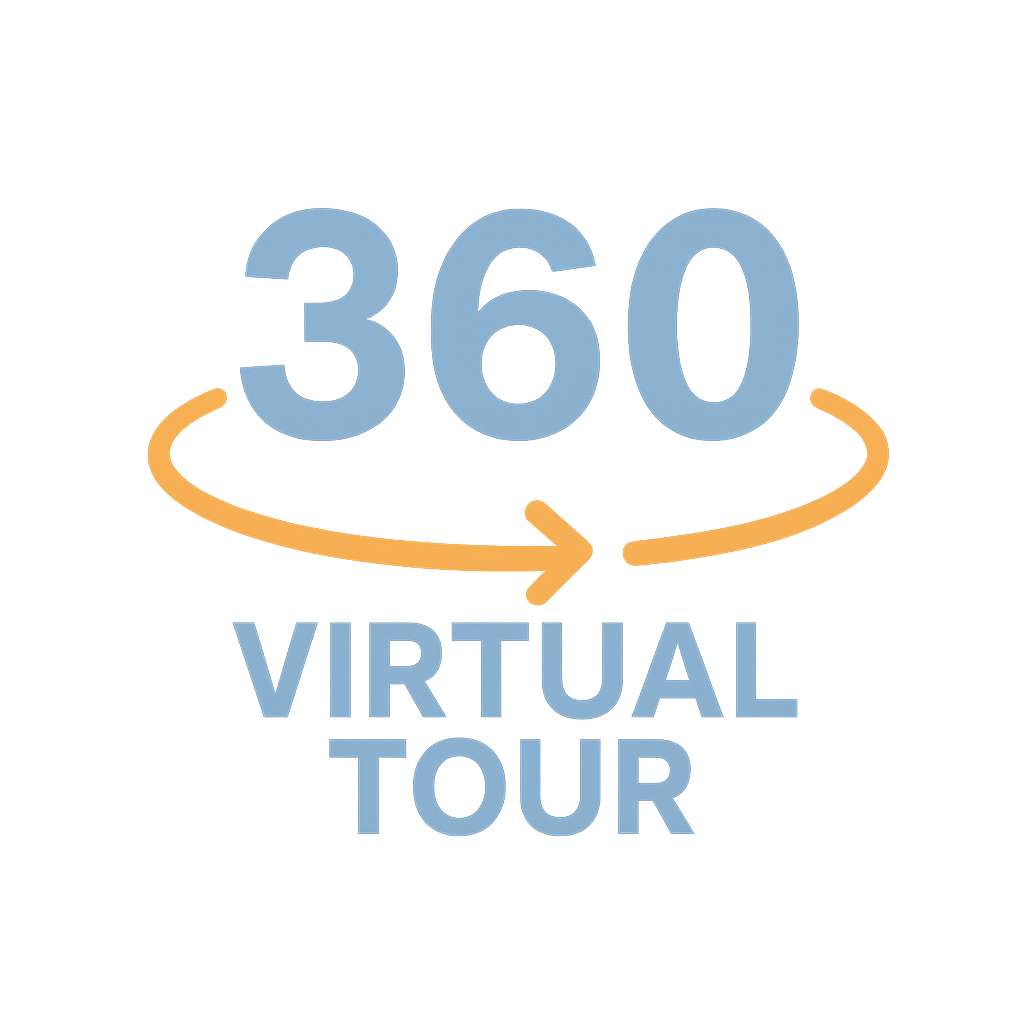 Neon sign reading '360 Virtual Tour' with a circular arrow around the number 360.