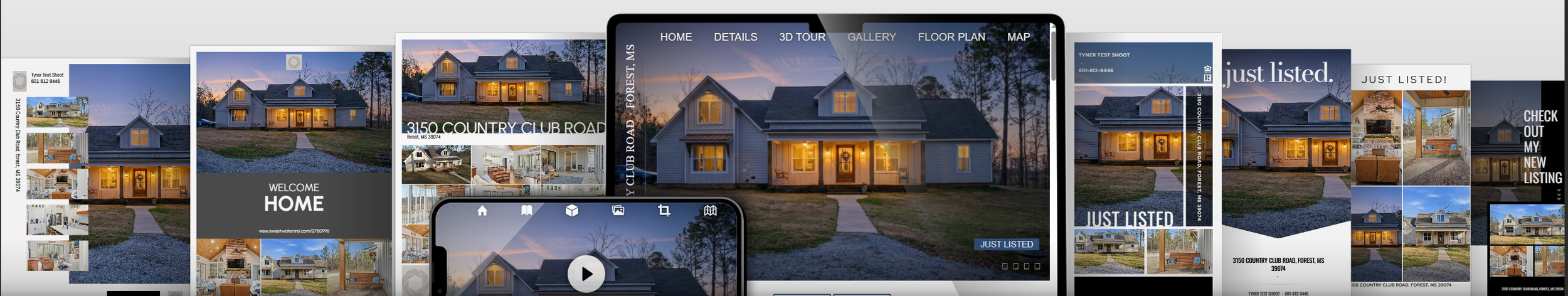 Multiple digital screens and devices displaying a real estate listing for a house at 3150 Country Club Road, Forest, MS, with images of the house's interior and exterior, including interior rooms, outdoor scenes, and listing details.