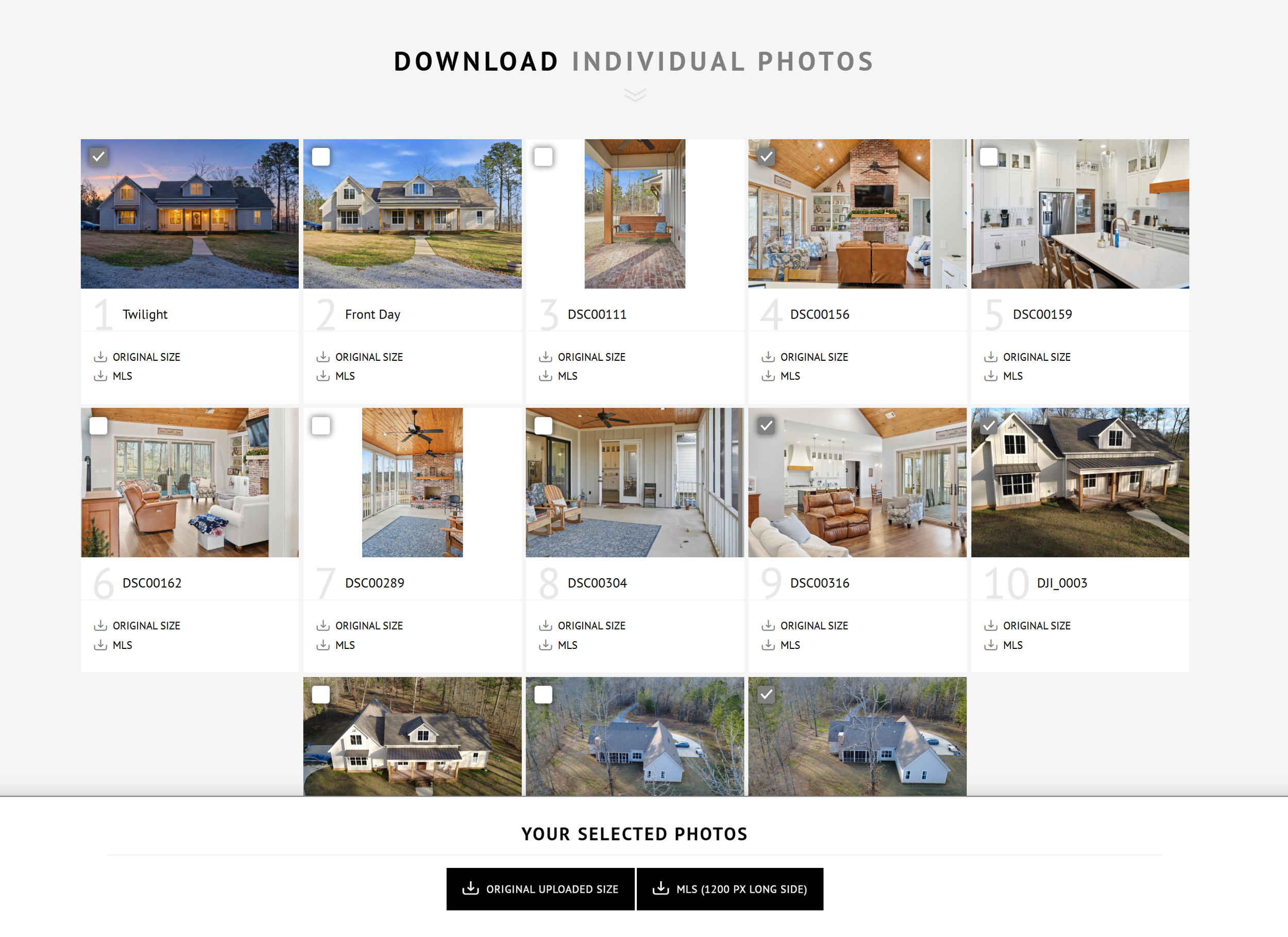 Screenshot of a photo selection interface showing multiple images of houses and interiors for download. Selected images include both exterior and interior shots of modern, well-lit homes with wood accents and spacious rooms.