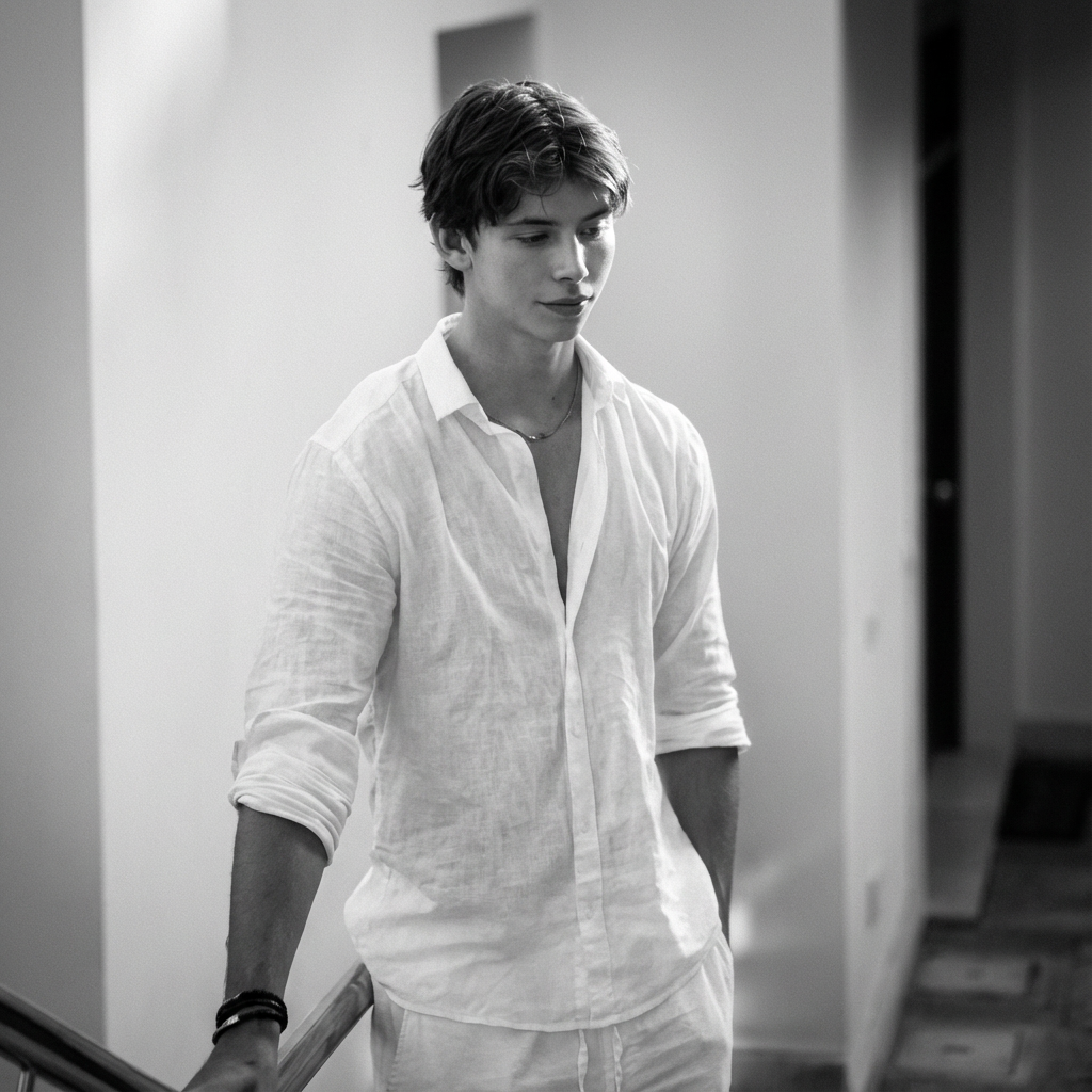 Black and white photo of a young man with wavy hair, wearing a white button-up shirt with the sleeves rolled up, standing on a staircase with his hands in his pockets, looking down thoughtfully.