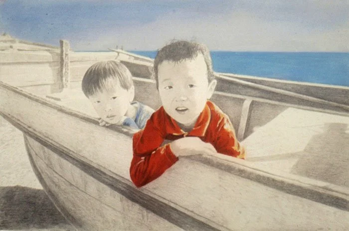 전선 근처의 어촌, 1995, Pencil and pastel on paper, 25 1/4 x 39 1/4 inches (66.5 x 99.5 cm)