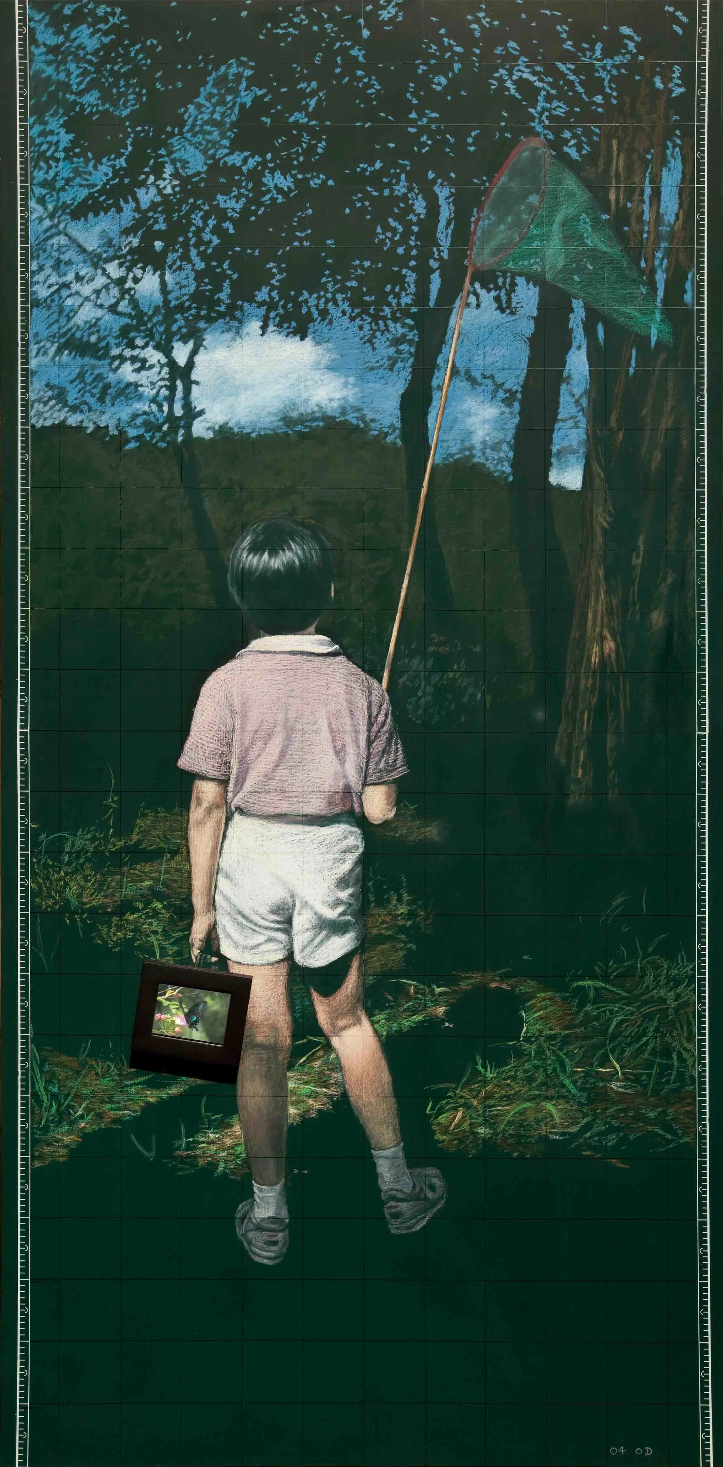 Boy from Seoul, 2004, Oil pastel on chalkboard with LCD monitor, 94 1/2 x 47 1/4 inches (240 x 120 cm)