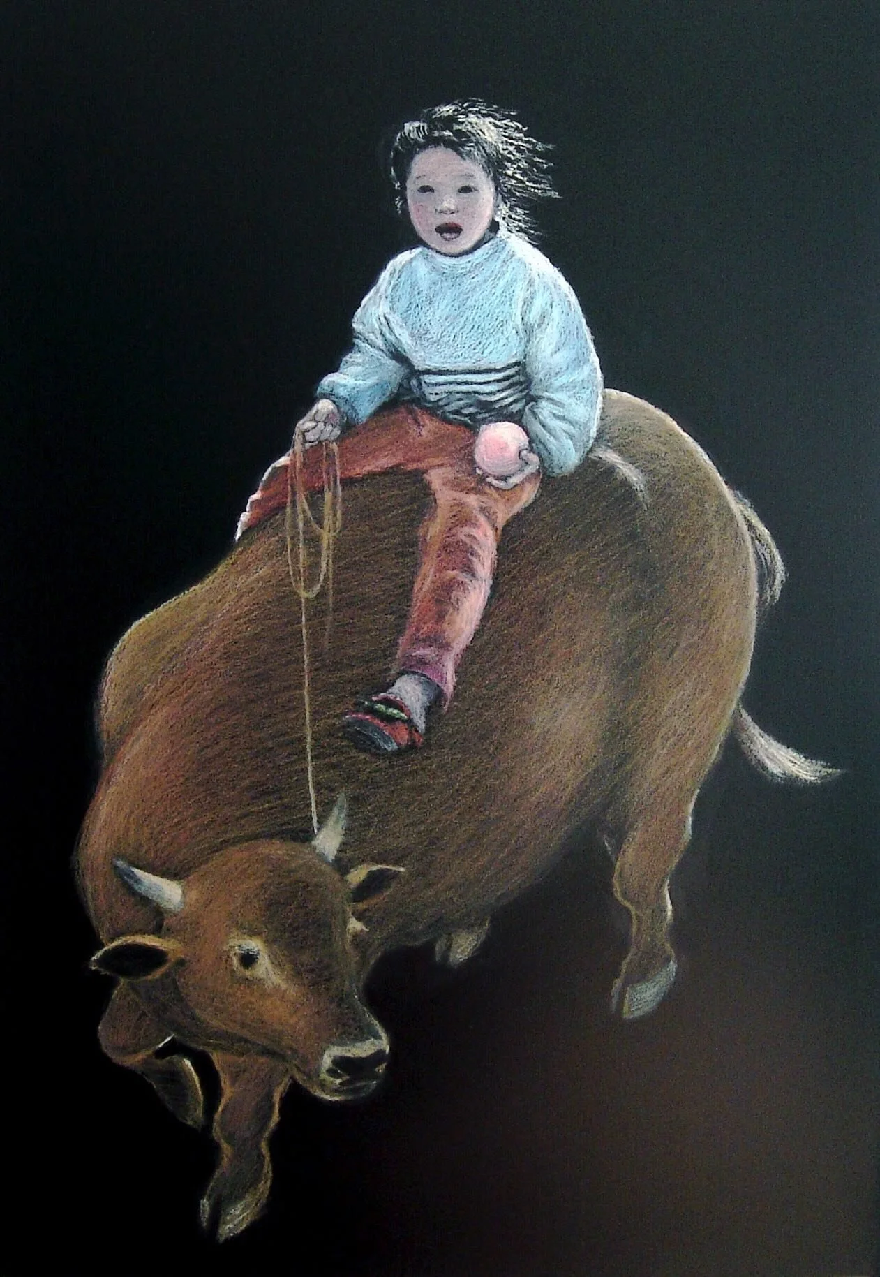 Girl Riding Cow, 2006, Oil pastel on chalkboard, 15 3/16 x 20 1/2 inches (36 x 52 cm)