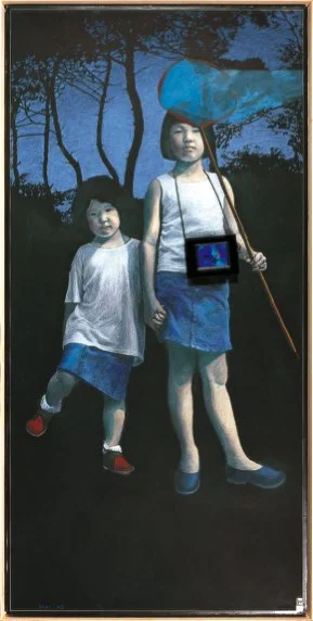 Sisters from Seoul, 1999, Oil pastel on chalkboard, 94 1/2 x 47 1/4 inches (240 x 120 cm)