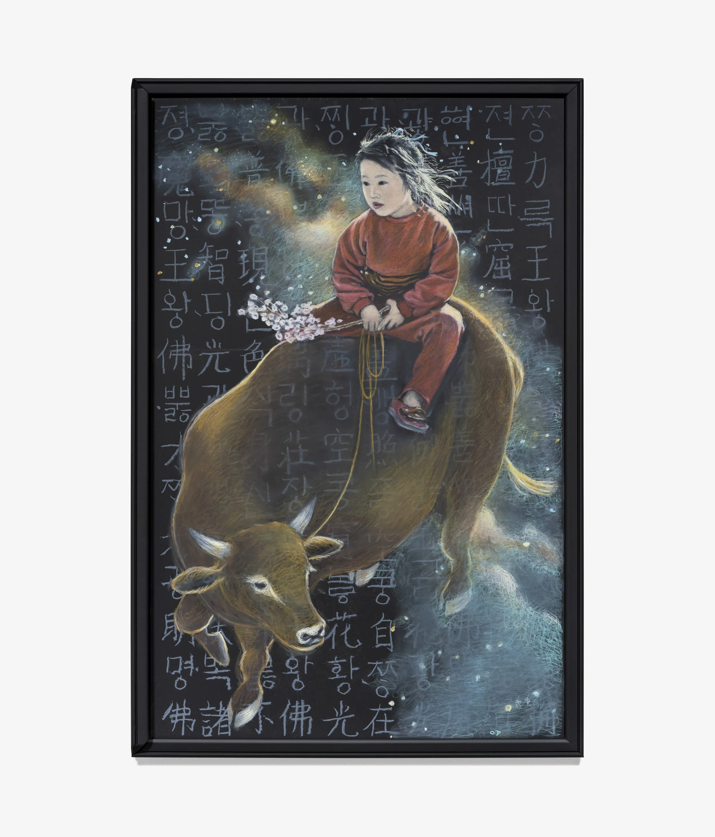 Donja on Cow, 2006, Oil pastel on chalkboard, 33 1/2 x 22 inches (85 x 56 cm)