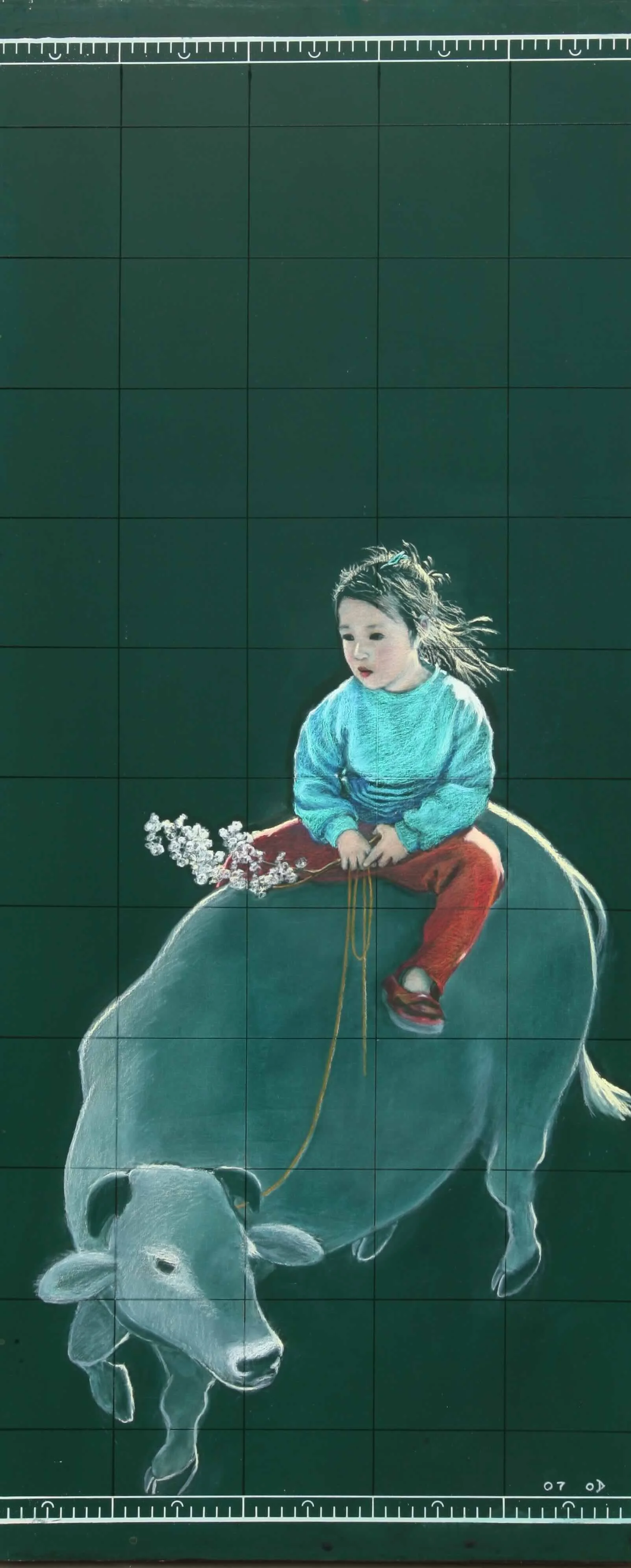 Donja and Cow, 2007, Oil pastel on chalkboard, 47 1/4 x 20 1/2 inches (120 x 52 cm)