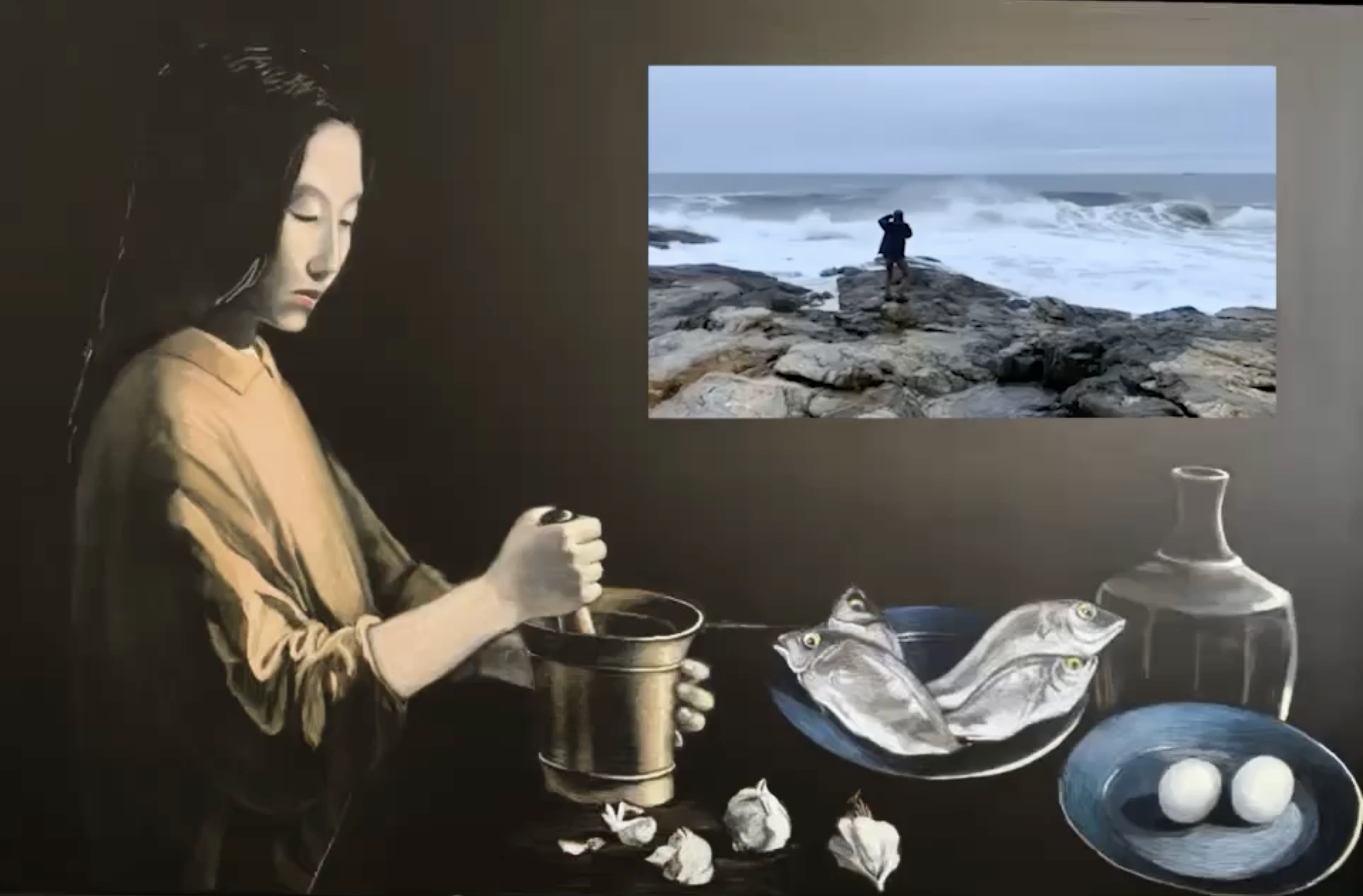 Is God a Mathematician, 2025, Oil on chalkboard with LCD monitor, 48 × 72 in (121.9 × 182.9 cm)