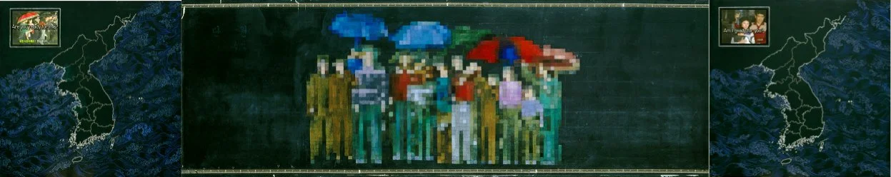 Boat People, 2001, Oil pastel on chalkboard with LCD monitor, 47.25 x 234.7 inches (120 x 596 cm)