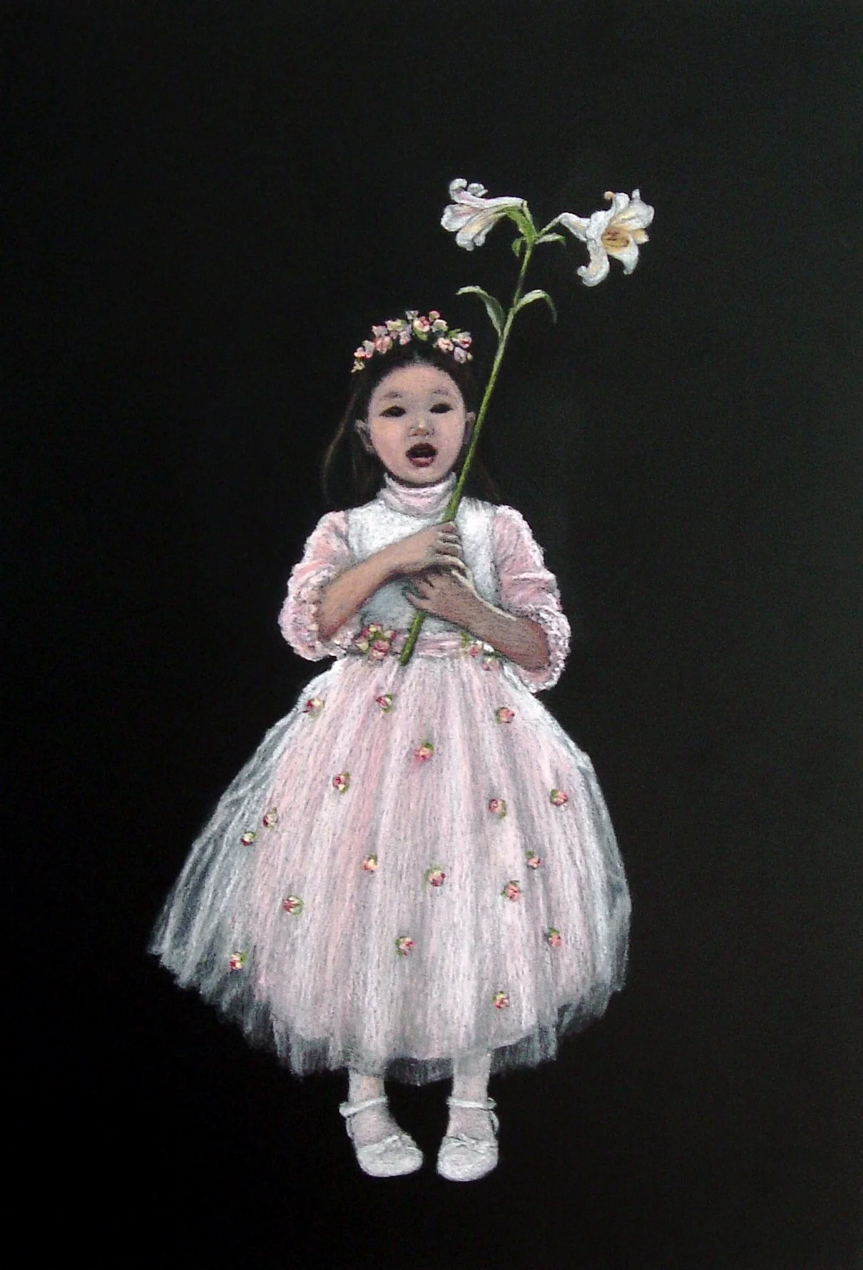 Girl with Lily, 2006, Oil pastel on chalkboard, 15 3/16 x 20 1/2 inches (36 x 52 cm)