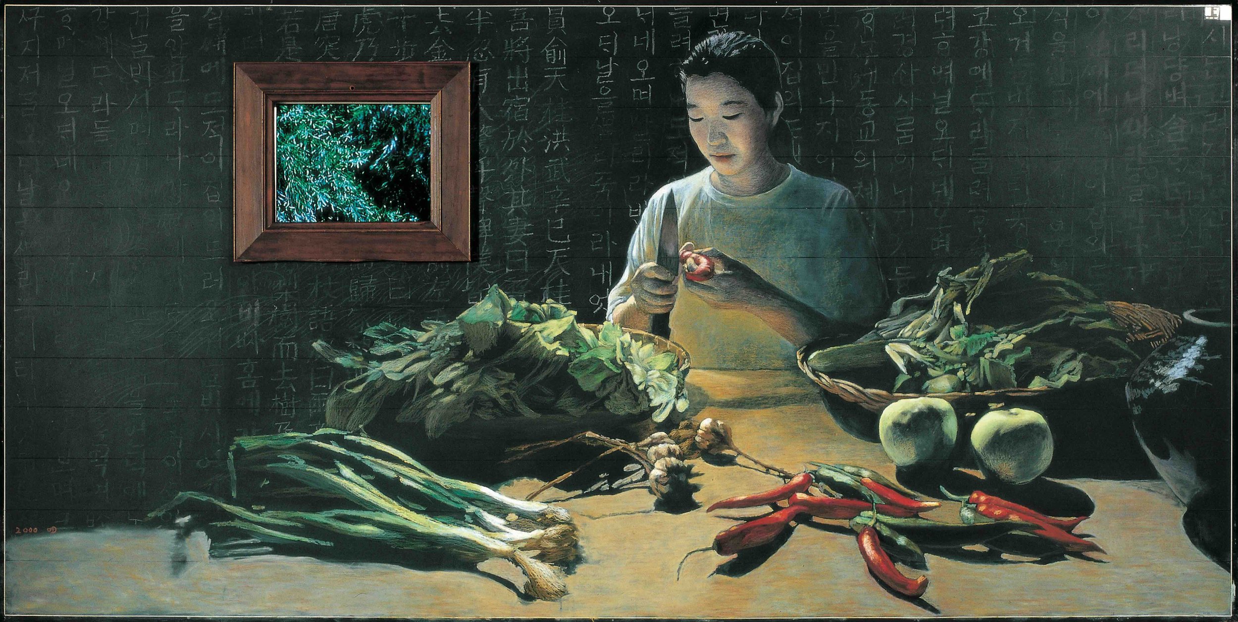 Preparing Kimchi, 2000, Oil pastel on chalkboard with LCD monitor, 47 1/4 x 94 1/2 inches (120 x 240 cm)