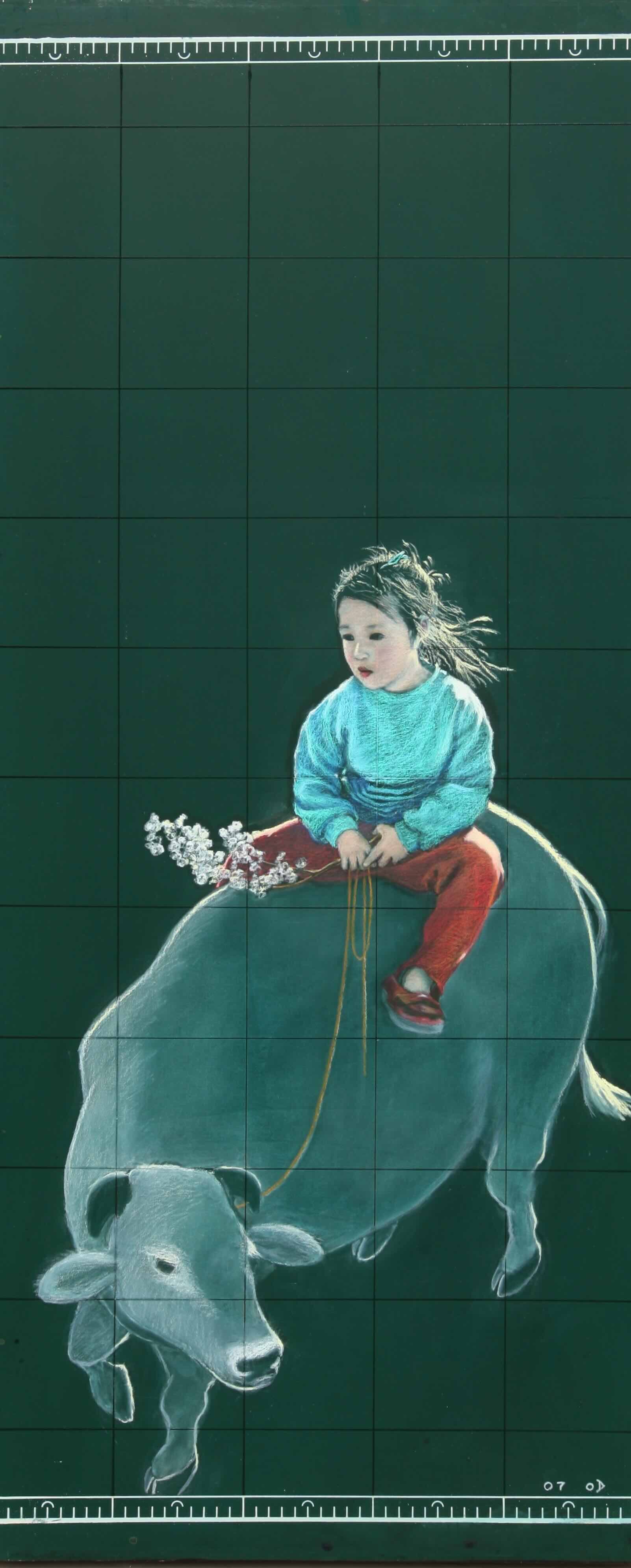 Donja and Cow, 2007, Oil pastel on chalkboard, 47 1/4 x 20 1/2 inches (120 x 52 cm)