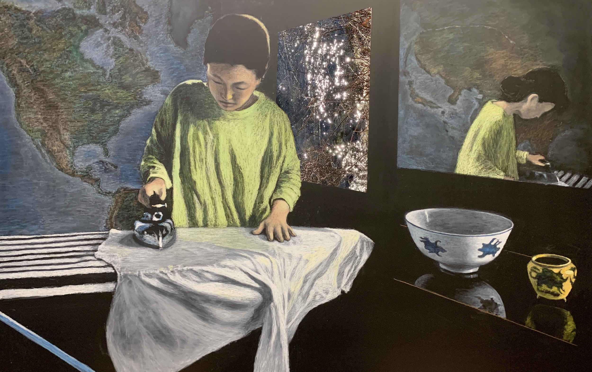 Double Mirror, 2025, Oil on chalkboard with LCD monitor, 48 × 72 in (121.9 × 182.9 cm)