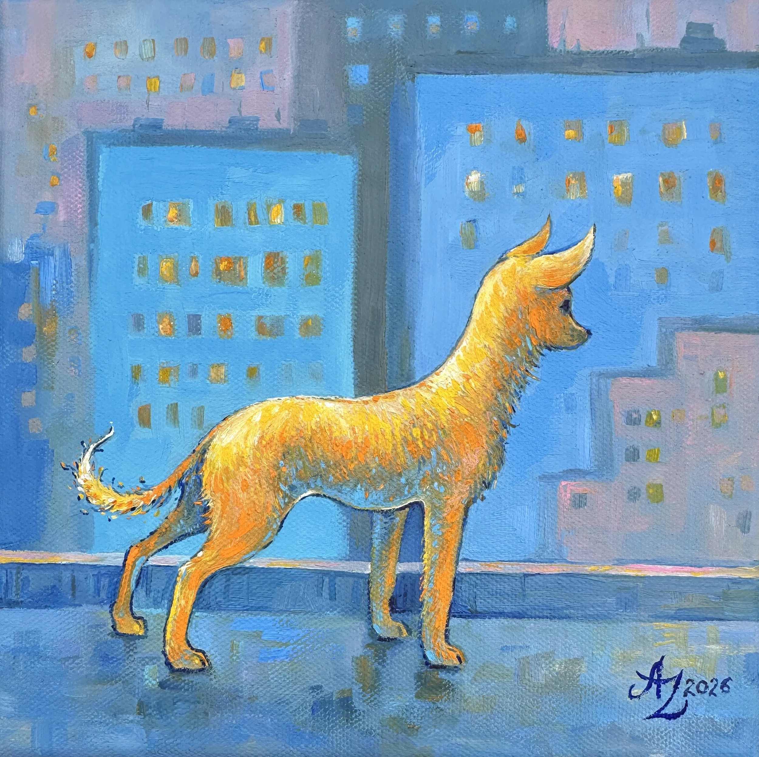 City Dog, Oil on Canvas, 8 x 8 in
