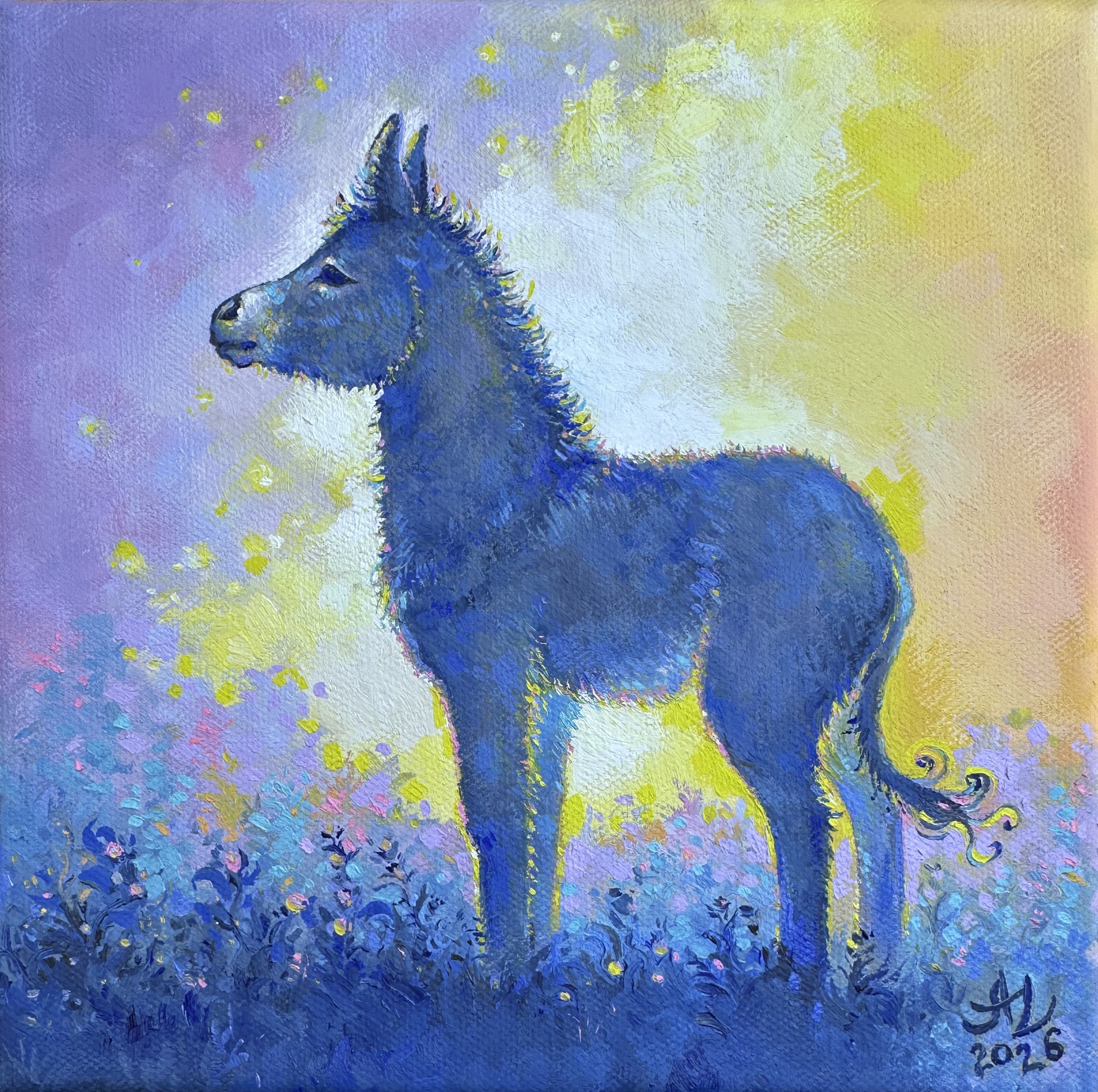 Indigo Donkey, Oil on Canvas, 8 x 8 in