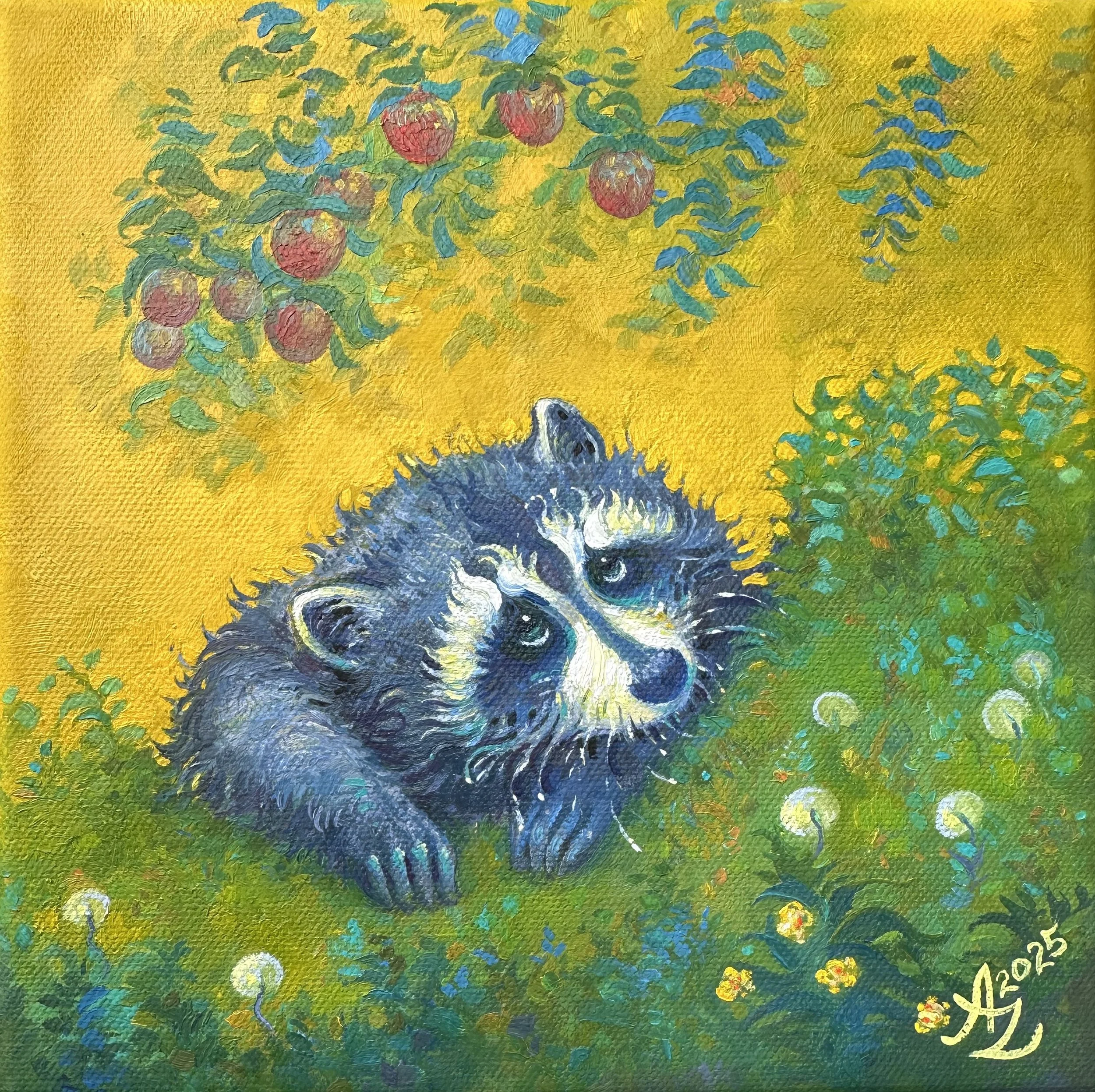Raccoon and Apples, 8 x 8 in 