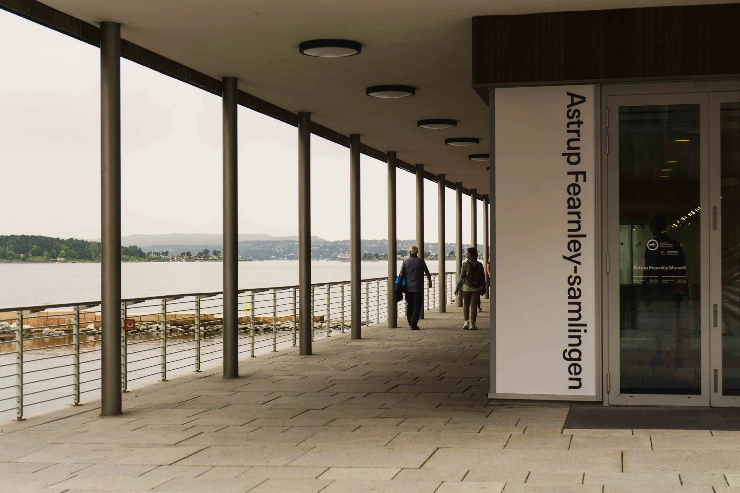 People walking along a covered outdoor walkway next to the water, with a sign indicating the Astrup Fearlessly Sanllingen museum, overlooking a body of water with distant trees and hills.