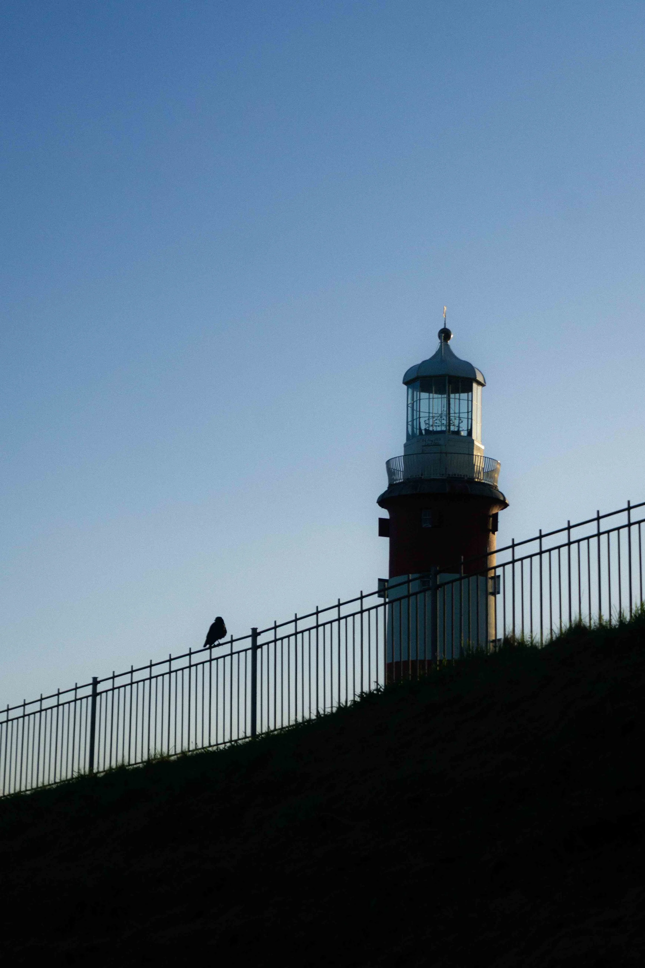 A lighthouse on a hill with a metal fence and a bird sitting on it, against a clear sky.