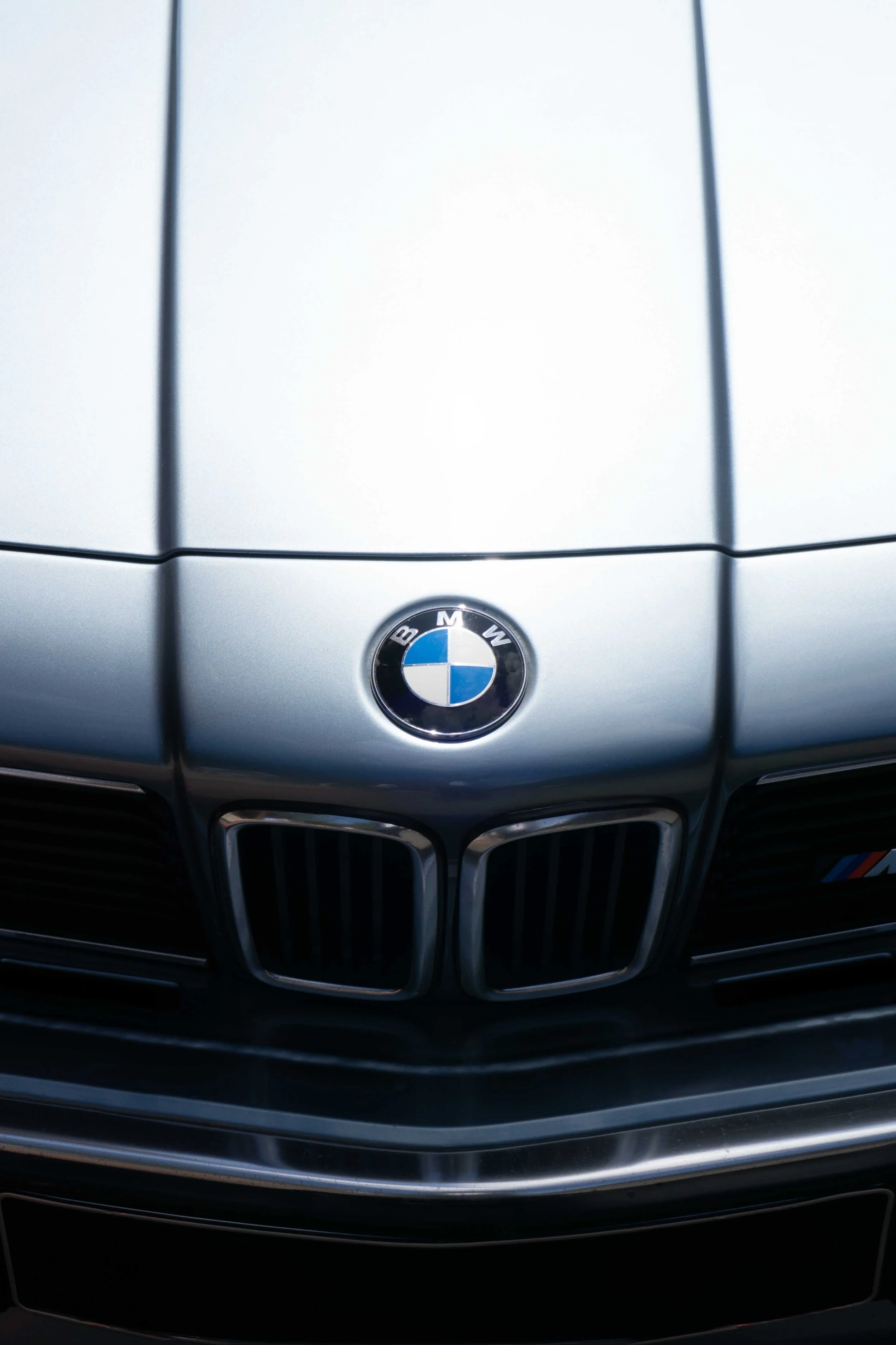 Close-up of the front of a silver BMW car, featuring the BMW logo on the hood and the distinctive kidney grille.
