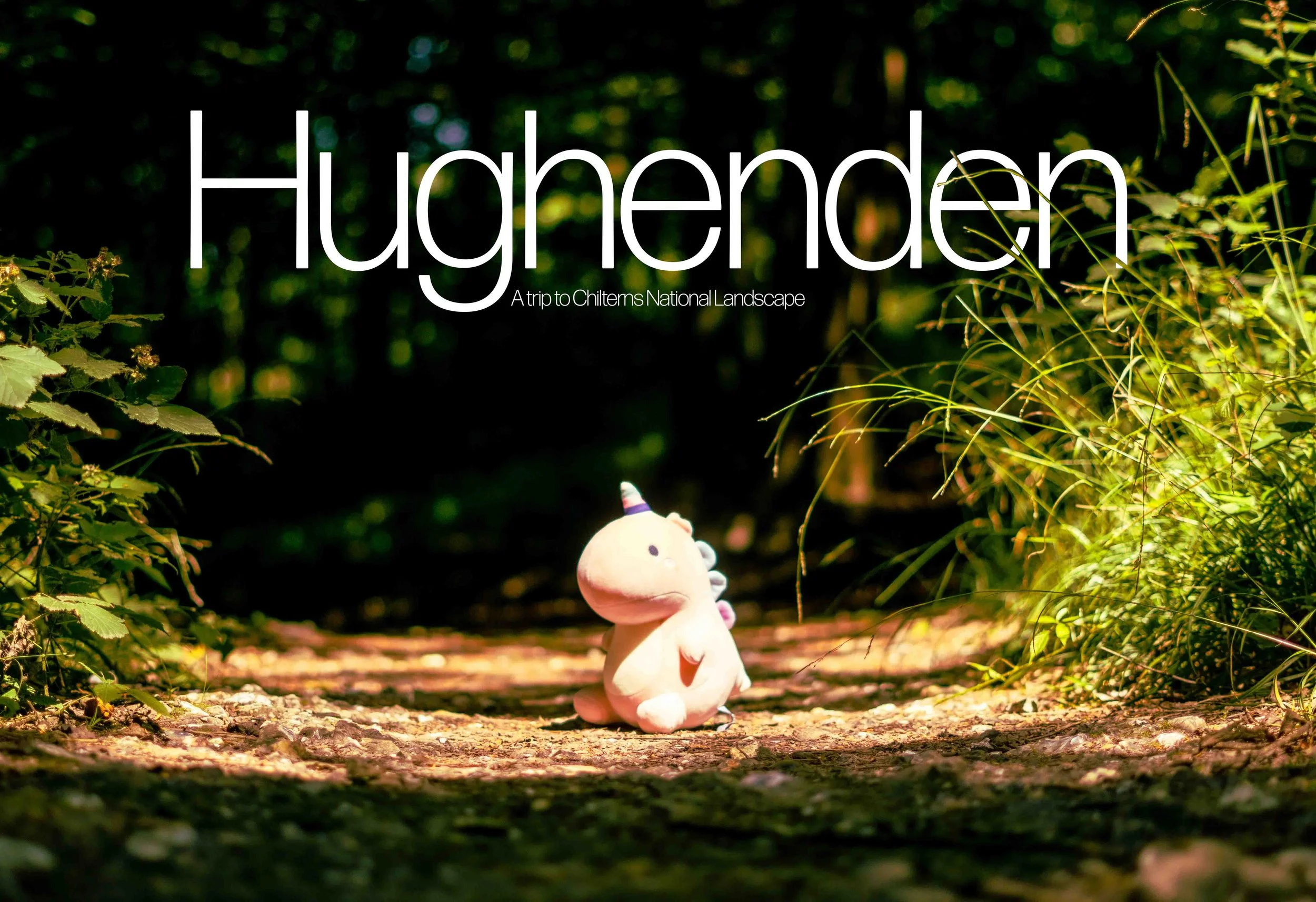 A stuffed unicorn toy sitting on a dirt trail surrounded by greenery with sunlight filtering through trees, with the text 'Hugenden' and 'A trip to Chilterns National Landscape'.