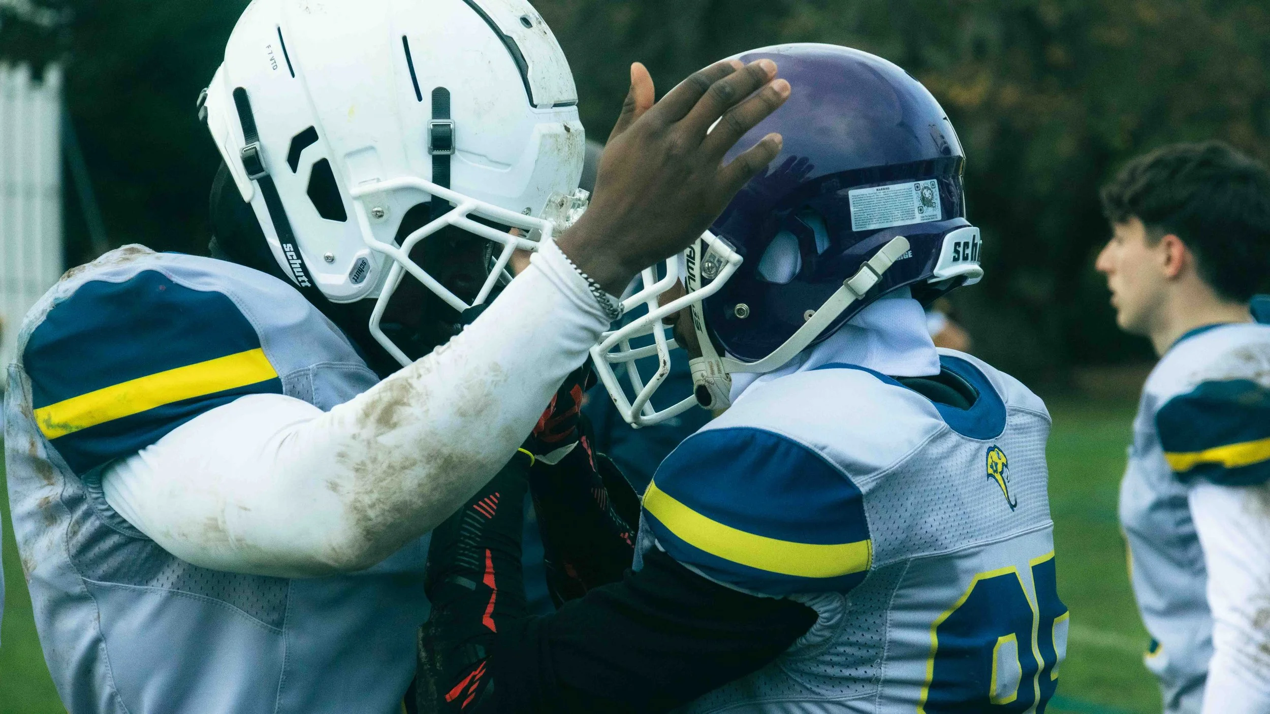 Two football players wearing helmets and jerseys, one touching the other's helmet, during a game or practice on a grassy field.