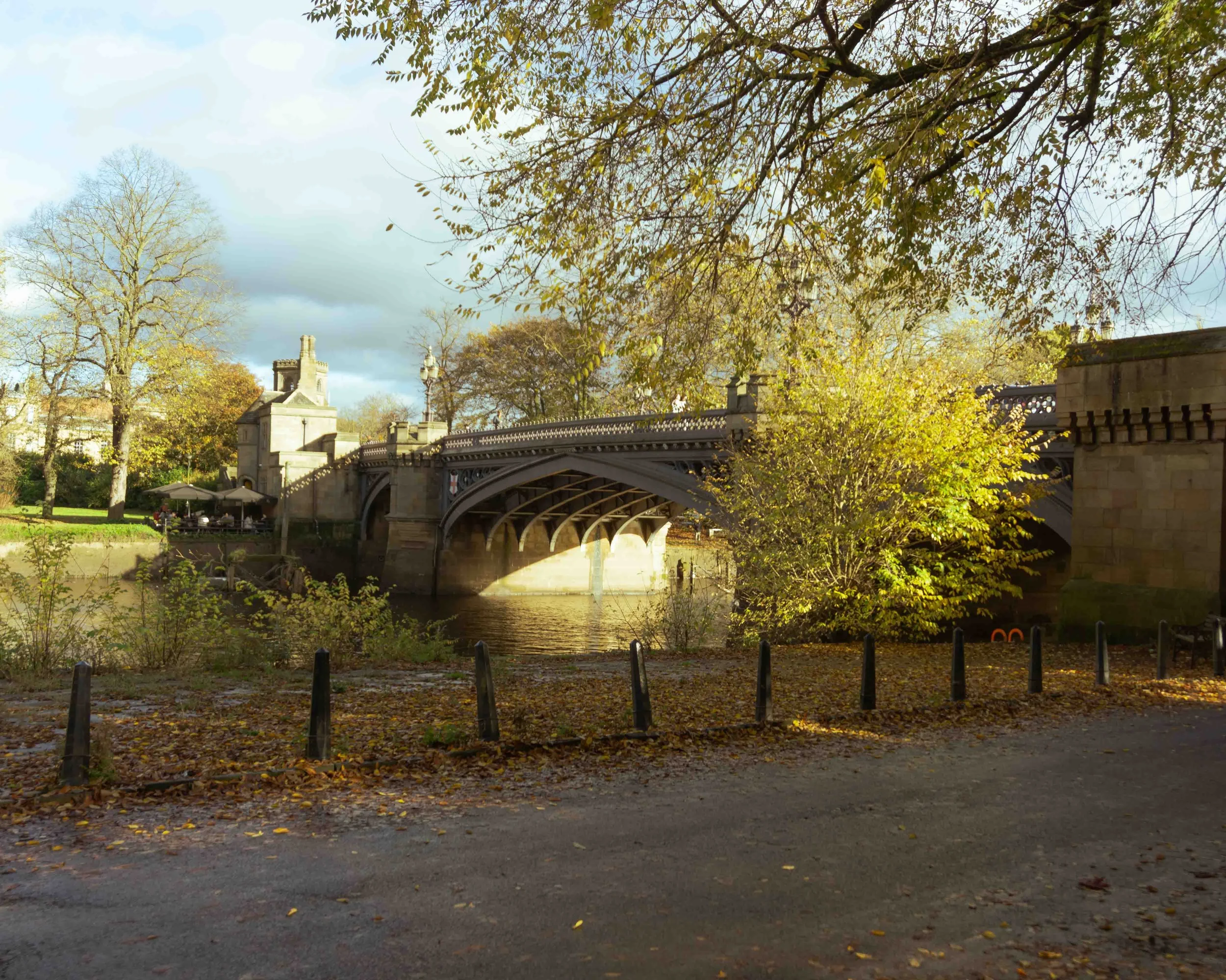 A bridge over a river in a park with trees showing autumn foliage, fallen leaves on the ground, and urban buildings in the background.