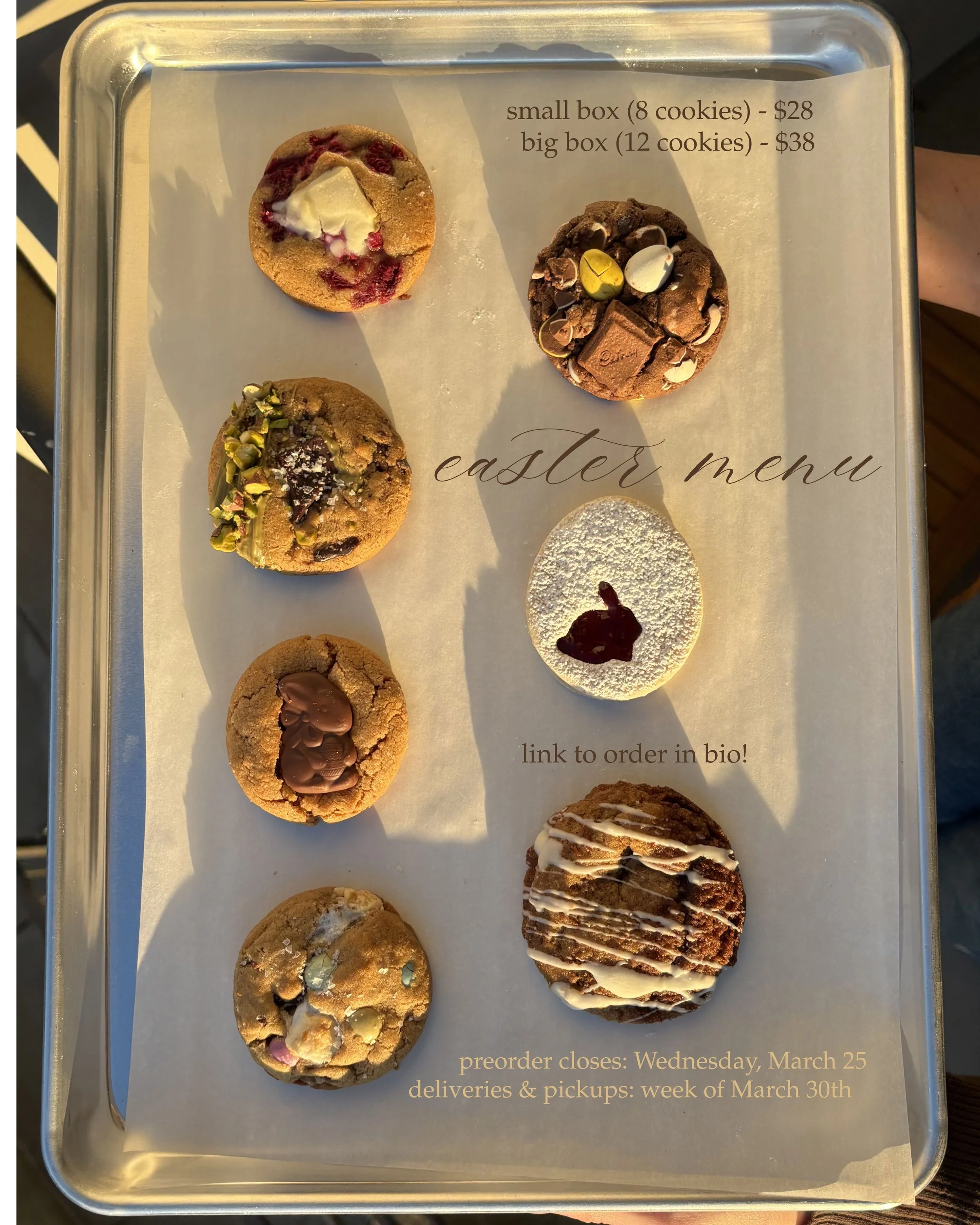 Easter cookie menu featuring six decorated cookies on a silver tray with text indicating prices for small and large boxes of cookies, and details for ordering, delivery, and pickup dates.