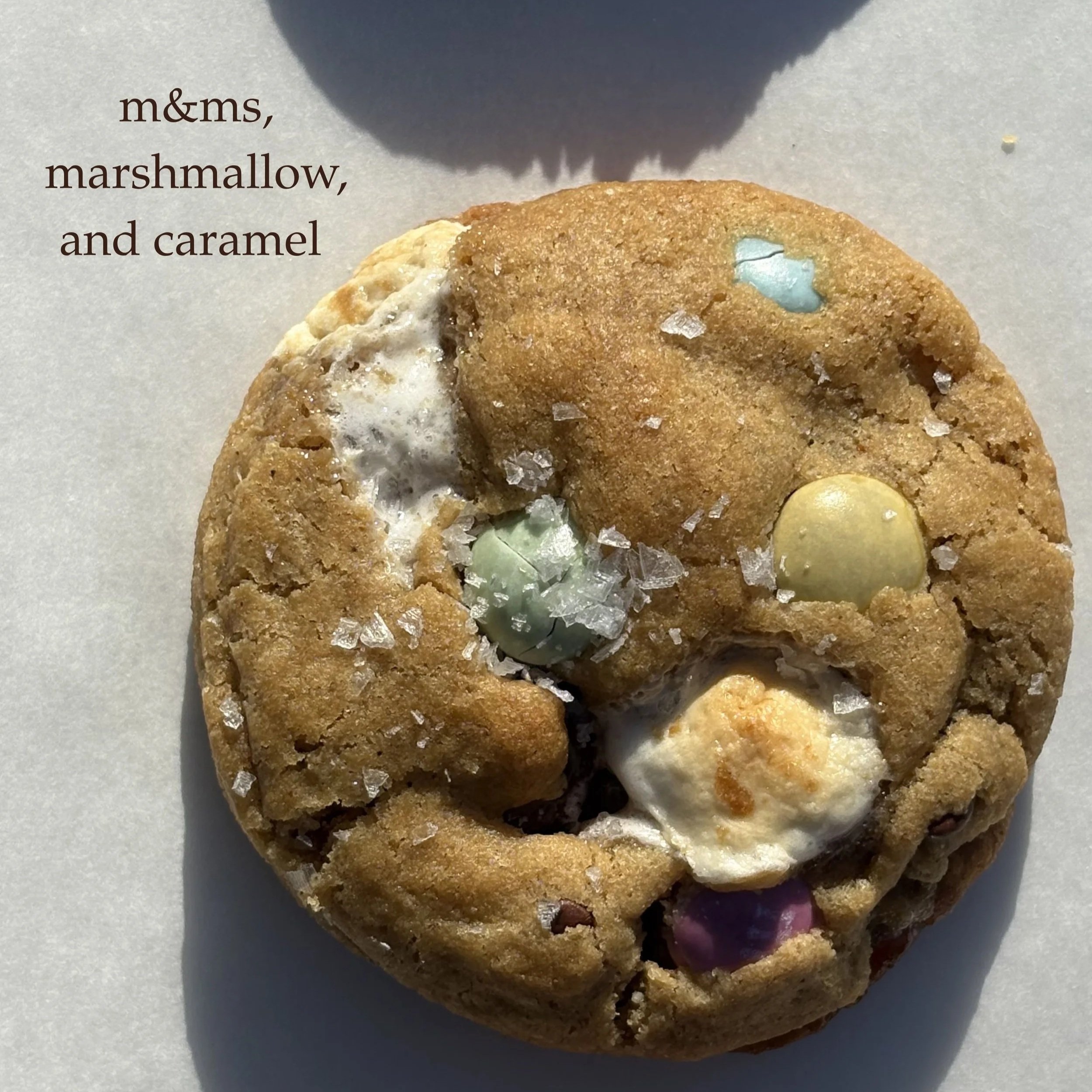 Close-up of a cookie with marshmallow, caramel, and white chocolate bits on a white surface with text indicating its ingredients.