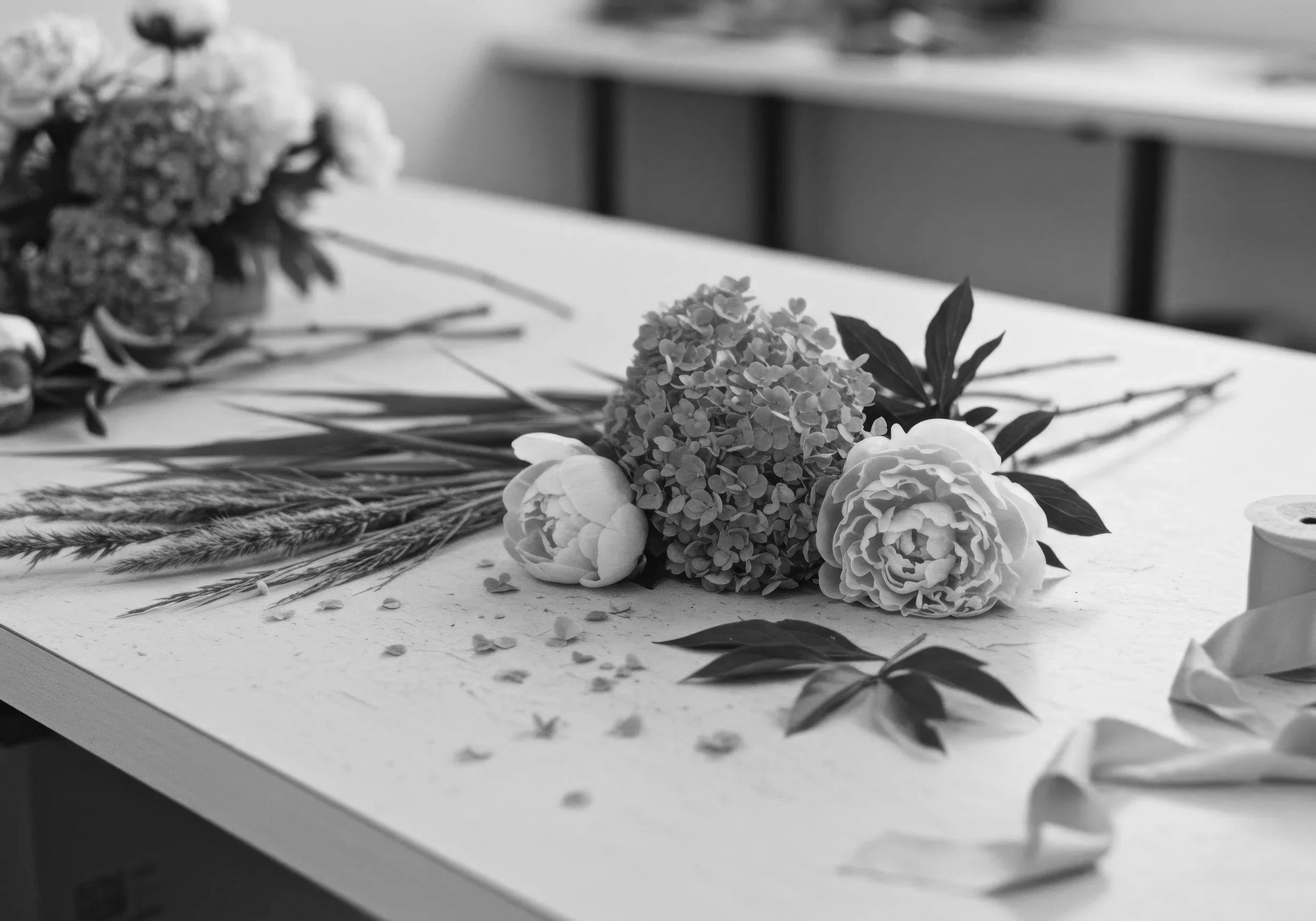 Black and white photo of a floral arrangement on a table with flowers, leaves, and scattered petals.