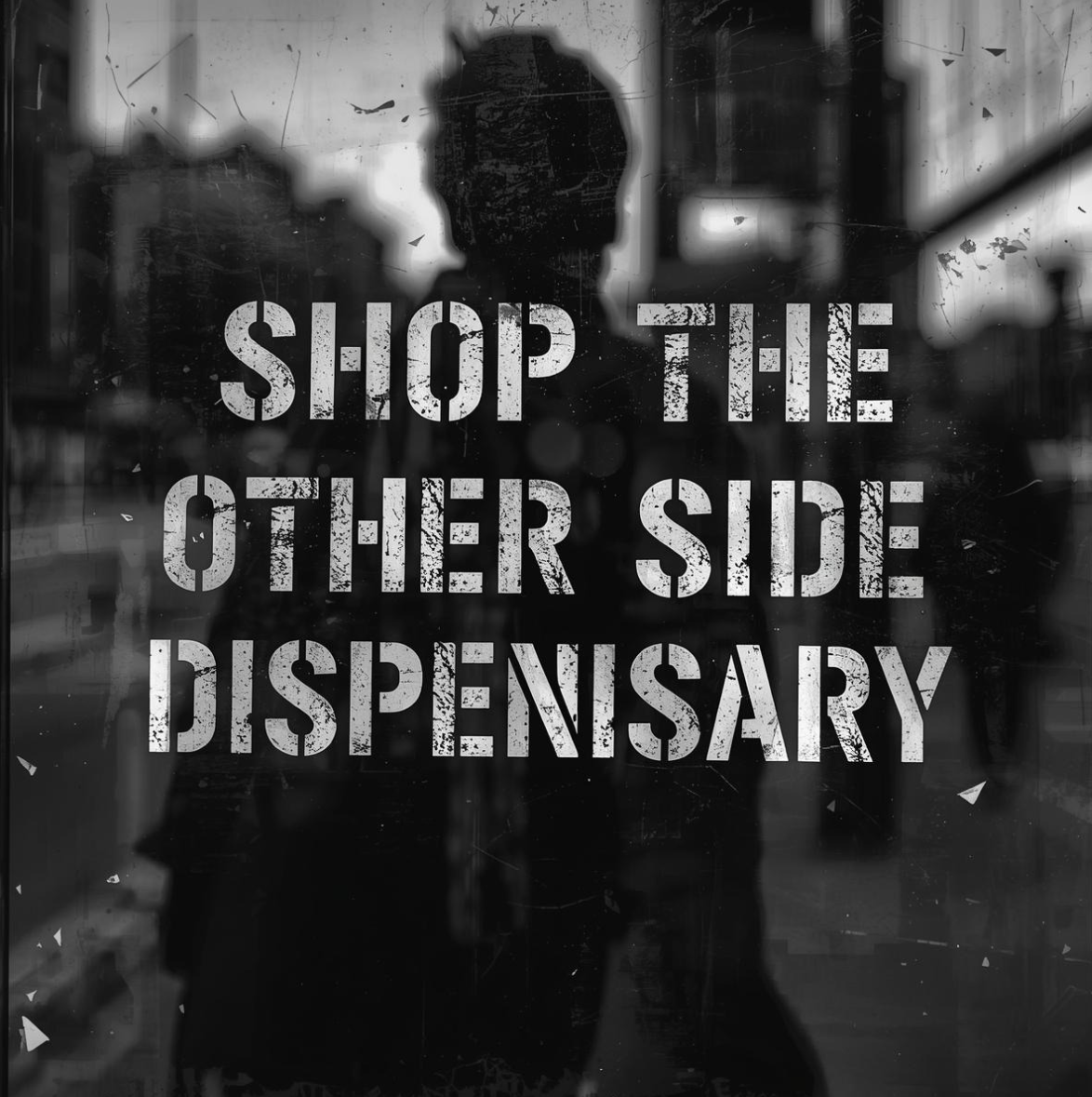 A reflective glass window with the message "Stop the Other Side Dispensary" printed on it. Behind the glass, a blurred city street scene with a person silhouette and birds flying is visible.