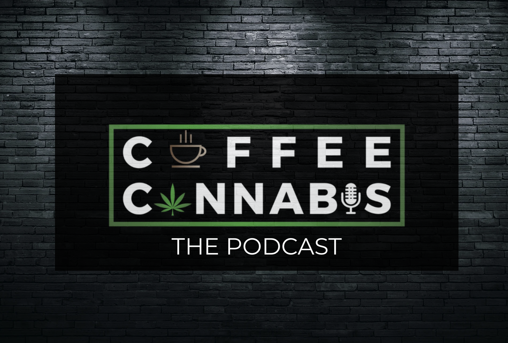 Neon sign on a brick wall reading 'Coffee Cannabis The Podcast' with icons of a coffee cup, a cannabis leaf, and a microphone.