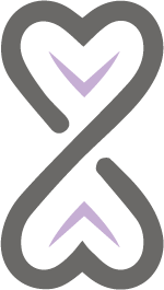 A black and purple stylized infinity symbol shaped like a heart with a check mark in the middle