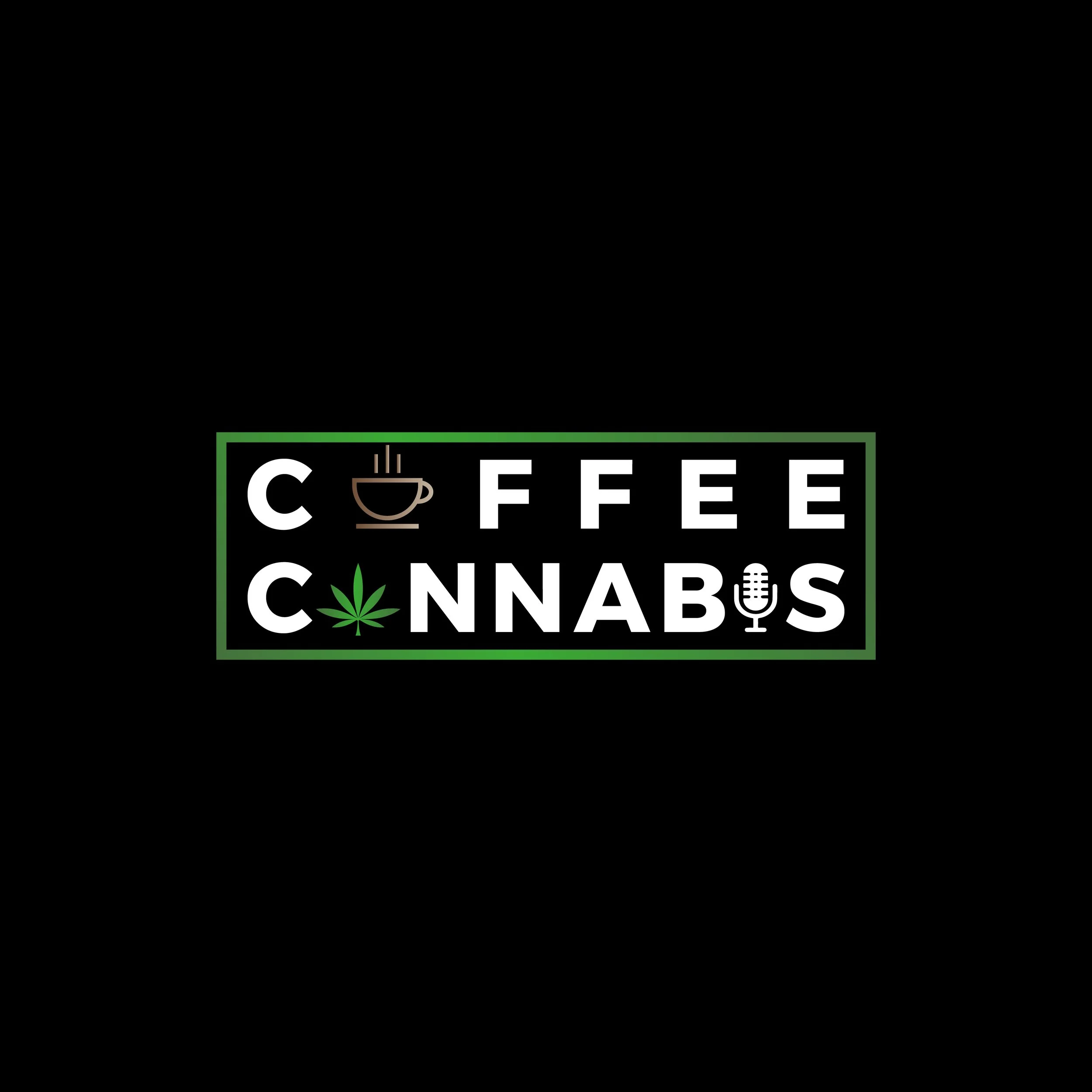 A logo with the words "Coffee" and "Cannabis". The word "Coffee" has a steaming coffee cup icon replacing the letter "O". The word "Cannabis" has a green cannabis leaf icon replacing the letter "A". The background is black, and the text is white with a green border.