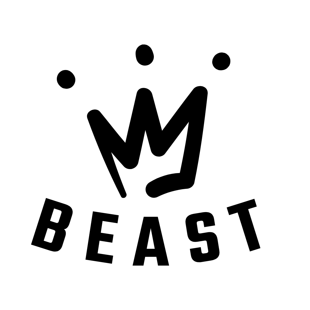 Black graphic of a crown with three dots above, and the word "BEAST" curved beneath it on a white background.