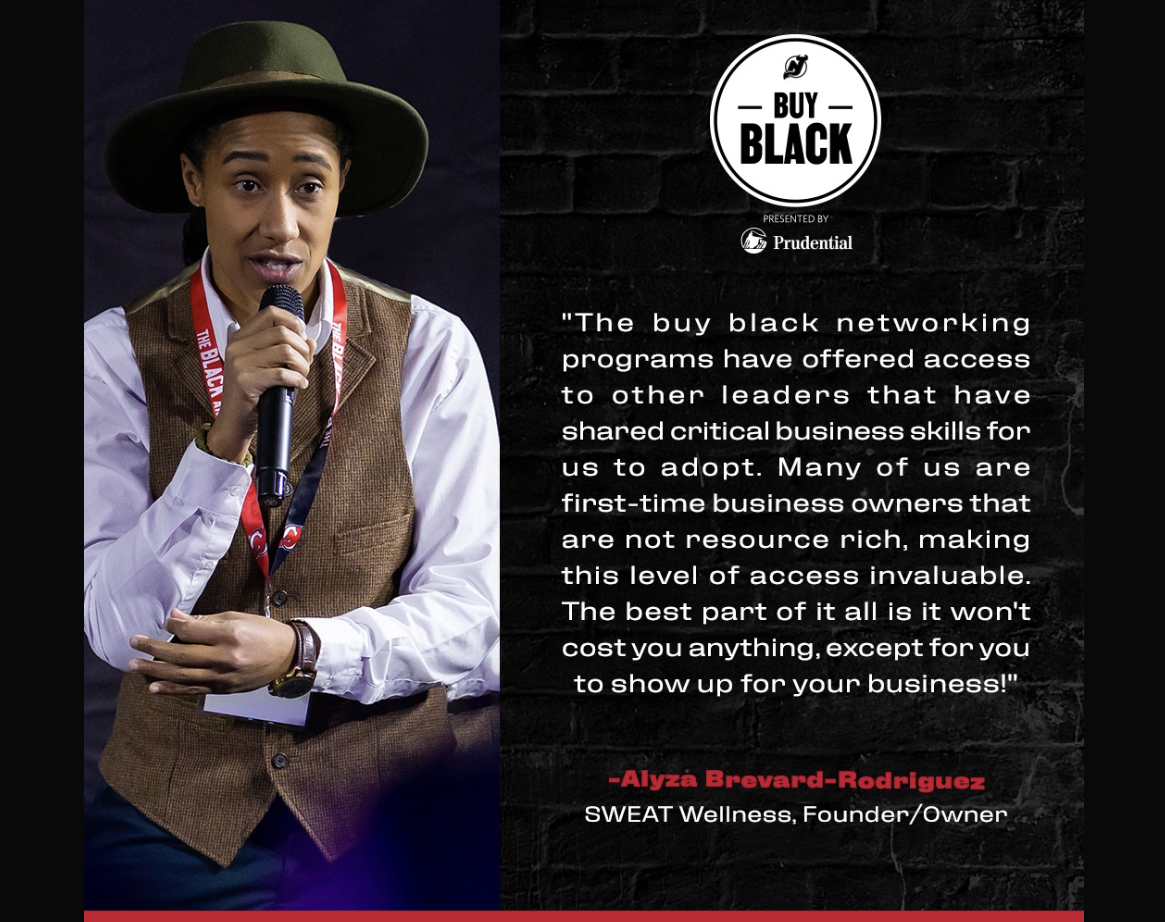 A woman speaking into a microphone. She is wearing a green hat, white shirt, brown vest, and has a red lanyard around her neck. Beside her is a black background with a quote about black networking programs and a logo that says 'Buy Black' presented by Prudential.