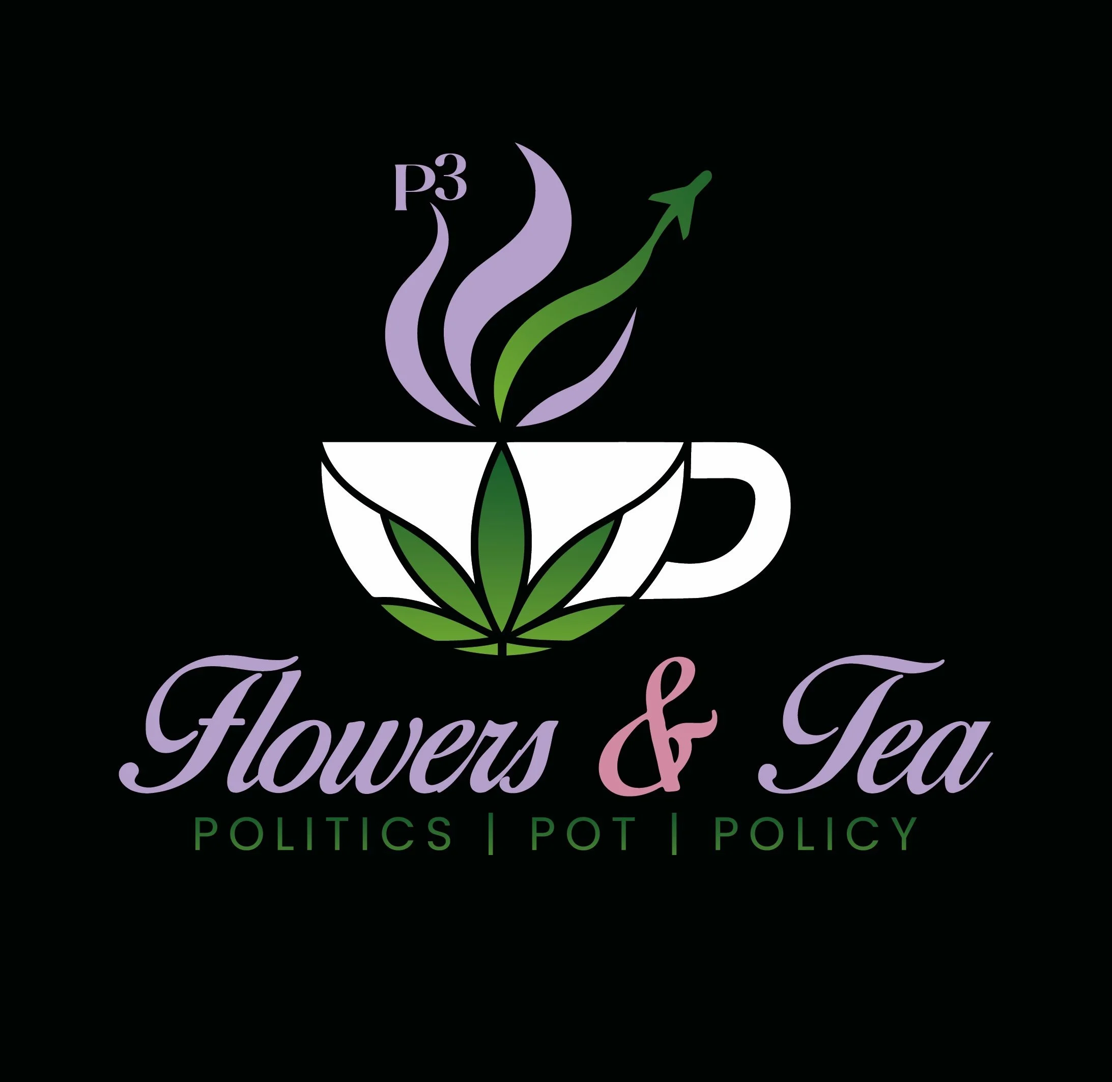 Logo for 'Flowers & Tea Podcast' featuring a teacup with green marijuana leaf and steam shaped like a cannabis plant, with the words 'POLITICS', 'POT', and 'POLICY' below.