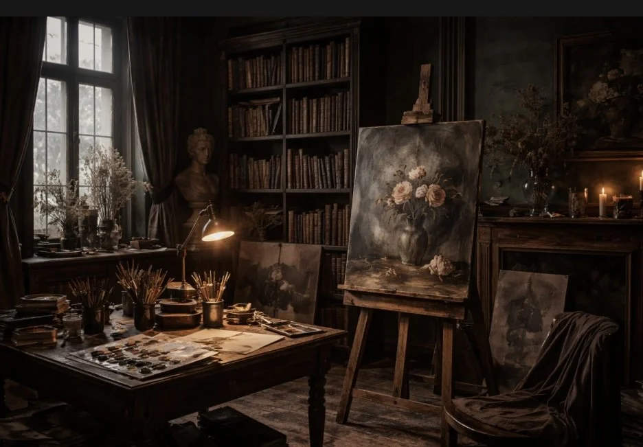 An artist's dimly lit studio with a wooden table, canvas paintings, paintbrushes, and art supplies. A window with dark curtains, a bookshelf filled with books, and a bust sculpture are also visible.