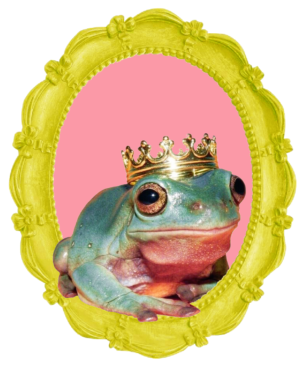 A frog wearing a gold crown inside an ornate yellow mirror frame with a pink background.
