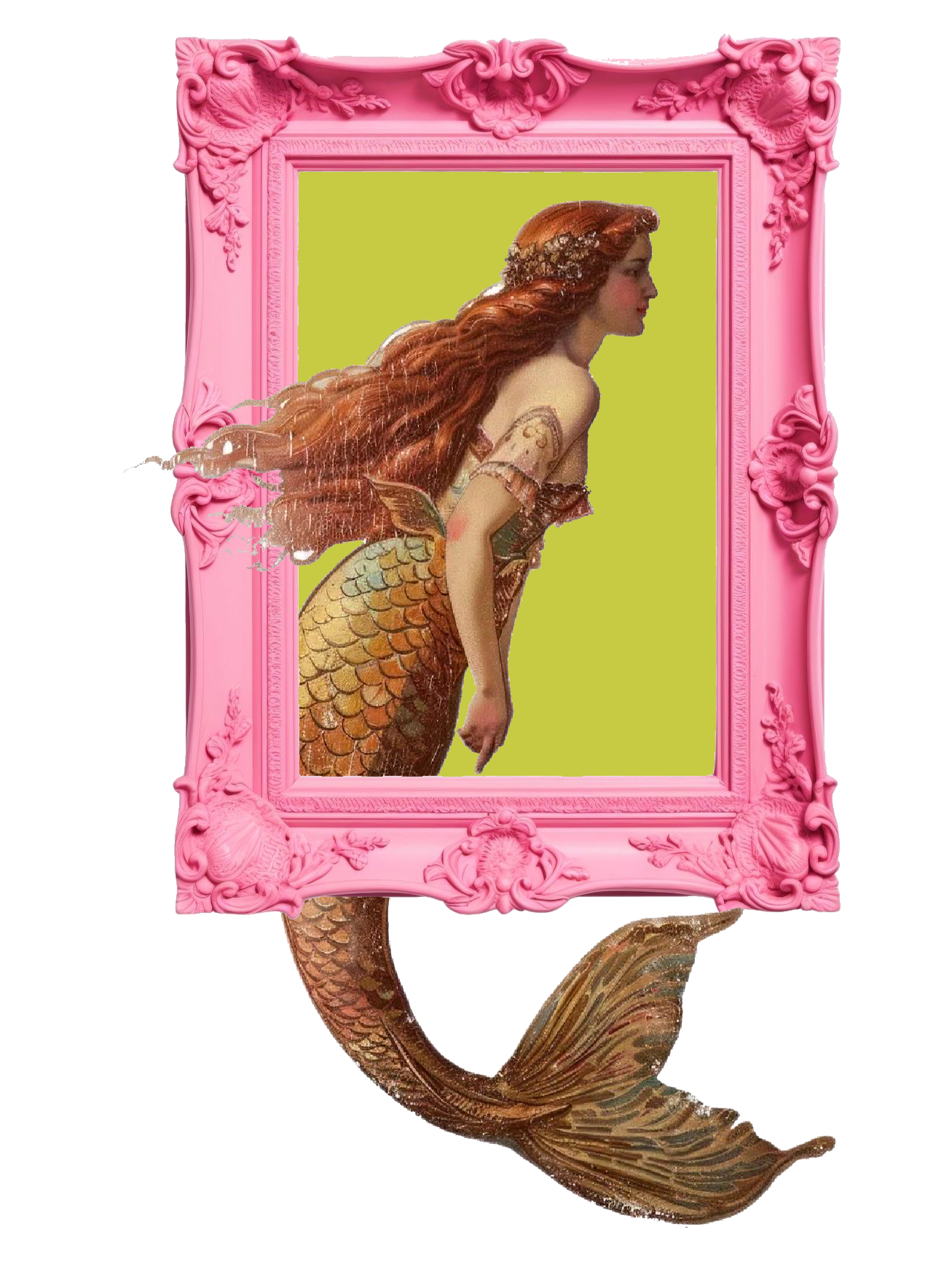 A mermaid with long red hair, wearing a seashell top and a golden fish tail, looking to the right, framed in an ornate pink picture frame against a green background.