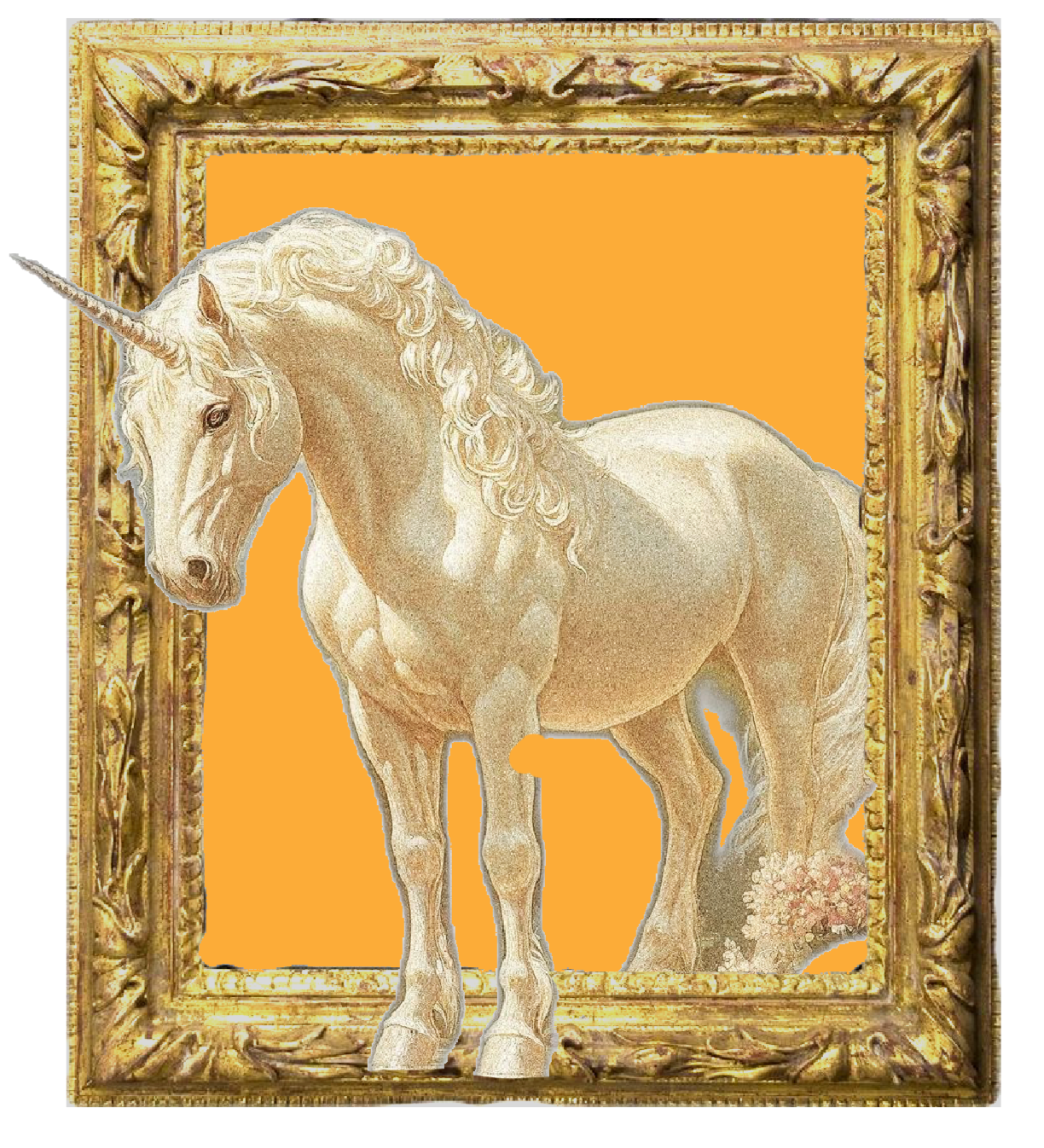 A gold ornate picture frame with a beige unicorn and a pile of pink flowers inside on a solid orange background.