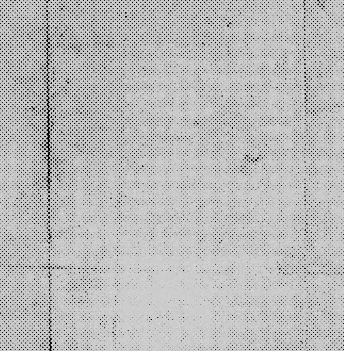 Close-up of a perforated metal surface, showing circular holes and some dark spots.