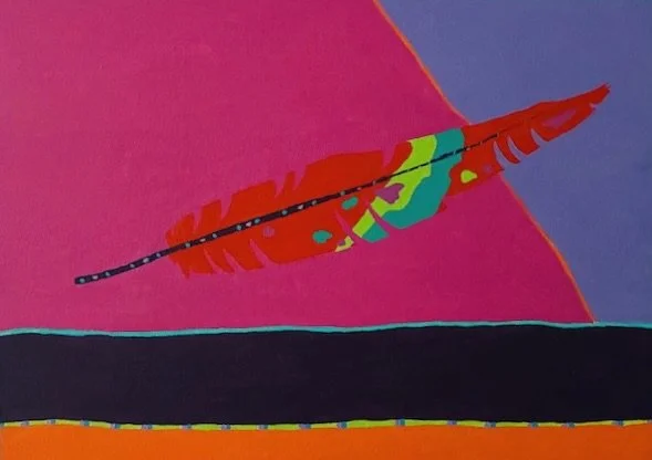 Colorful abstract artwork featuring a vibrant pink background, a red and green feather, and a dark horizontal stripe at the bottom.
