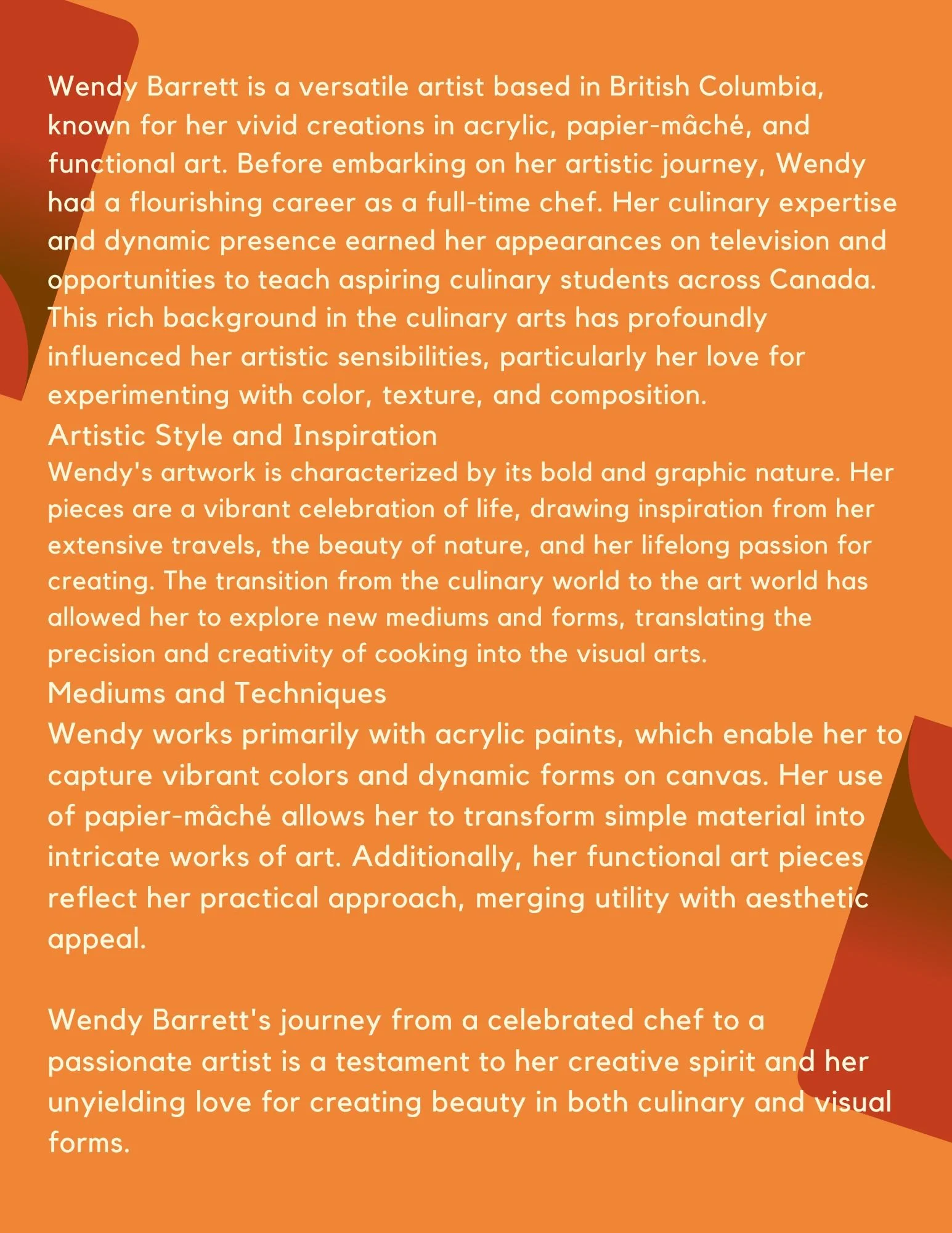 The image features a block of orange-colored text on a background with orange and brown abstract shapes. The text discusses Wendy Barrett, her artistic background, her style, techniques, and her transition from culinary arts to visual arts.