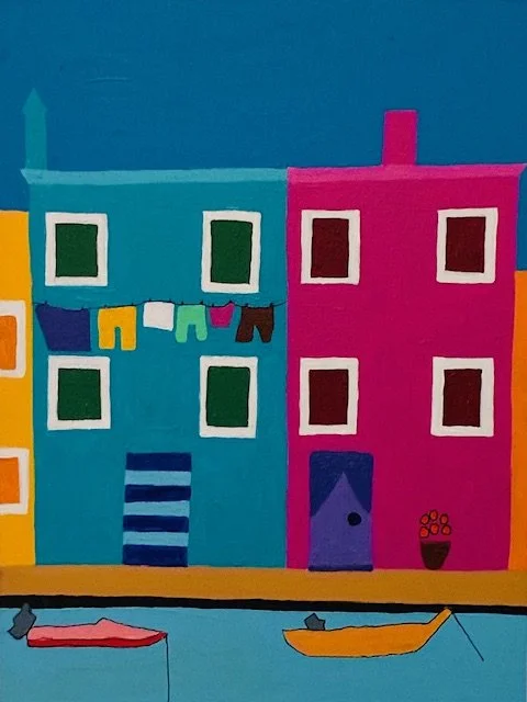 Colorful painting of a cityscape with multiple buildings in blue, pink, yellow, and orange, with windows, laundry hanging on a line, and boats docked on the water in the foreground.