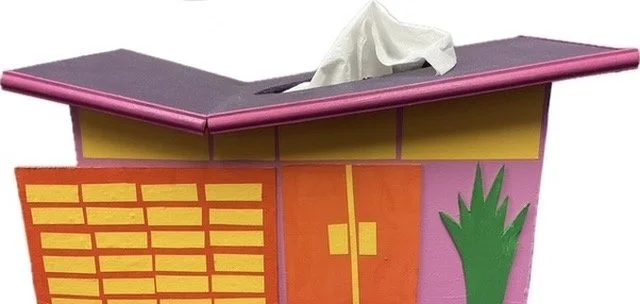 A colorful tissue box with a built-in cabinet design featuring a green cactus illustration on the side.
