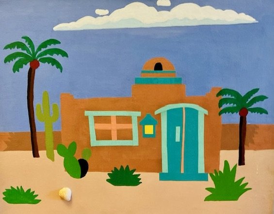 Colorful desert scene with a small house, palm trees, cacti, and a clear blue sky with clouds.